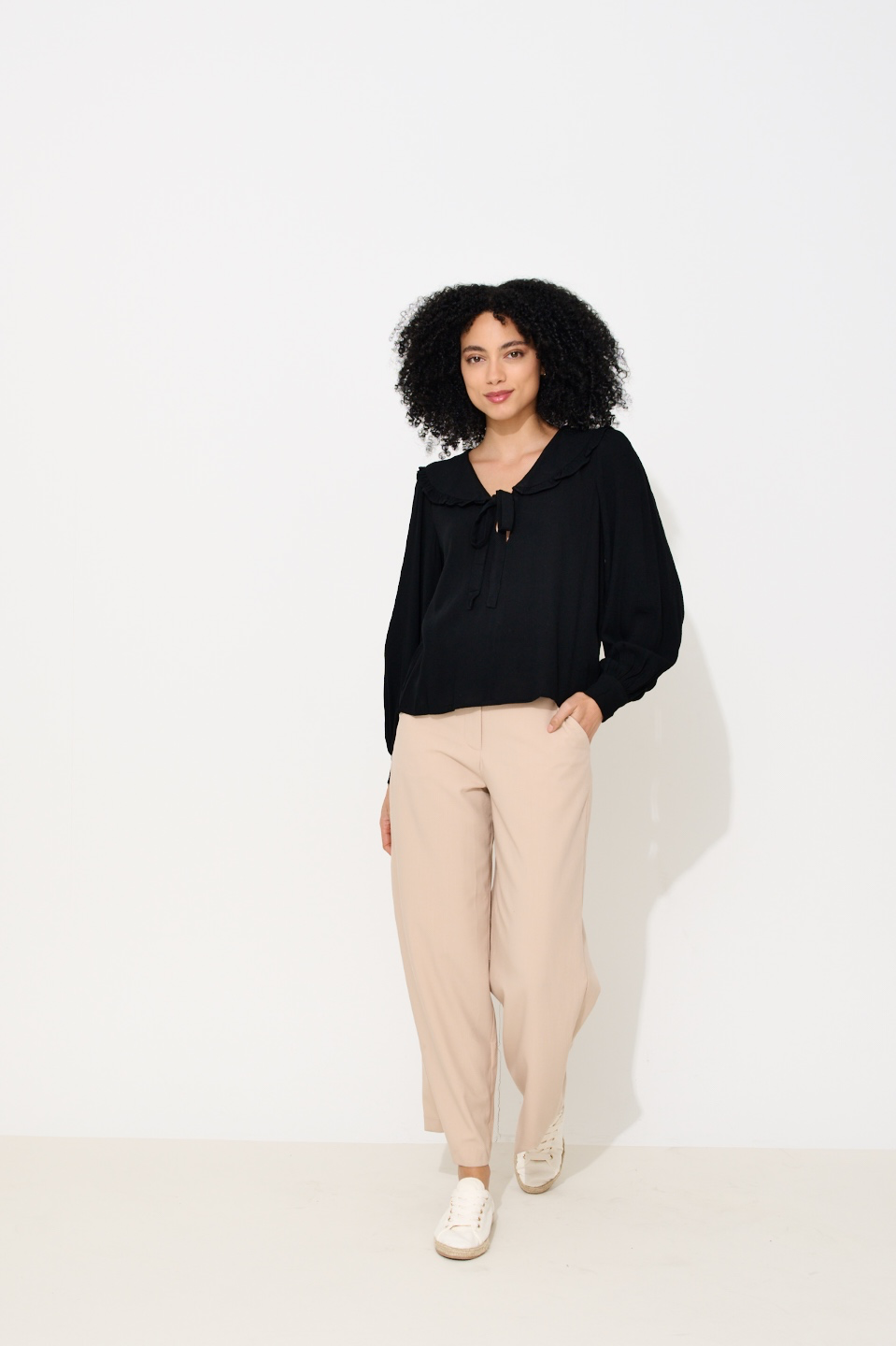 Gaela Moss Crepe Statement Collar Long Sleeve Blouse