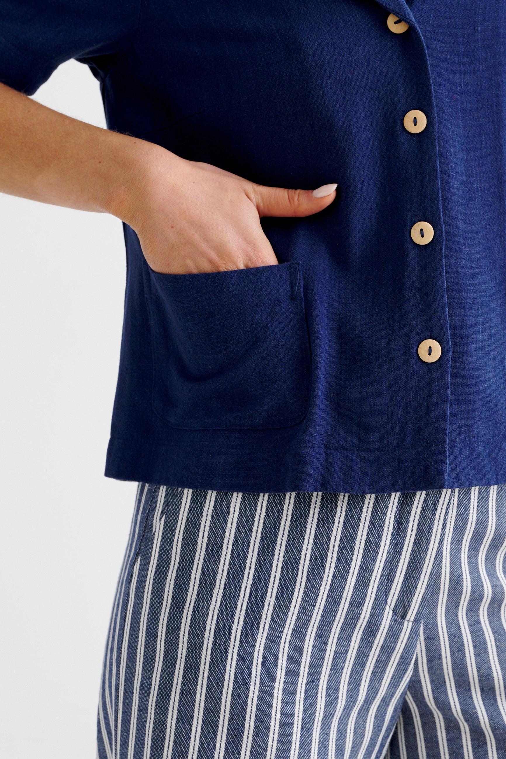Kit Linen Mix 2 Pocket Short Sleeve Shirt- Navy - Styled