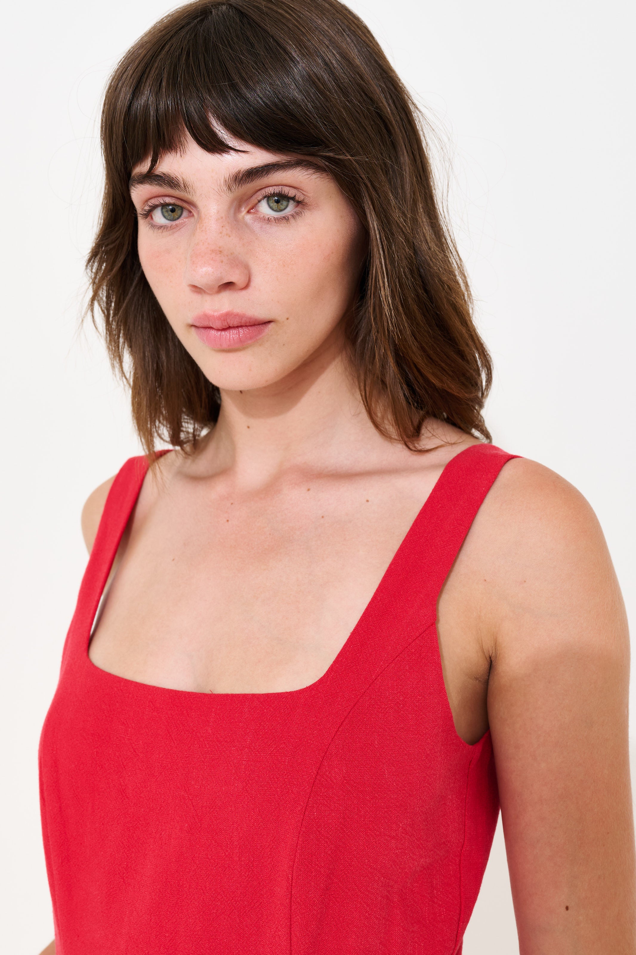 Baya Linen Mix Square Neck Midi Dress - Red - View 5