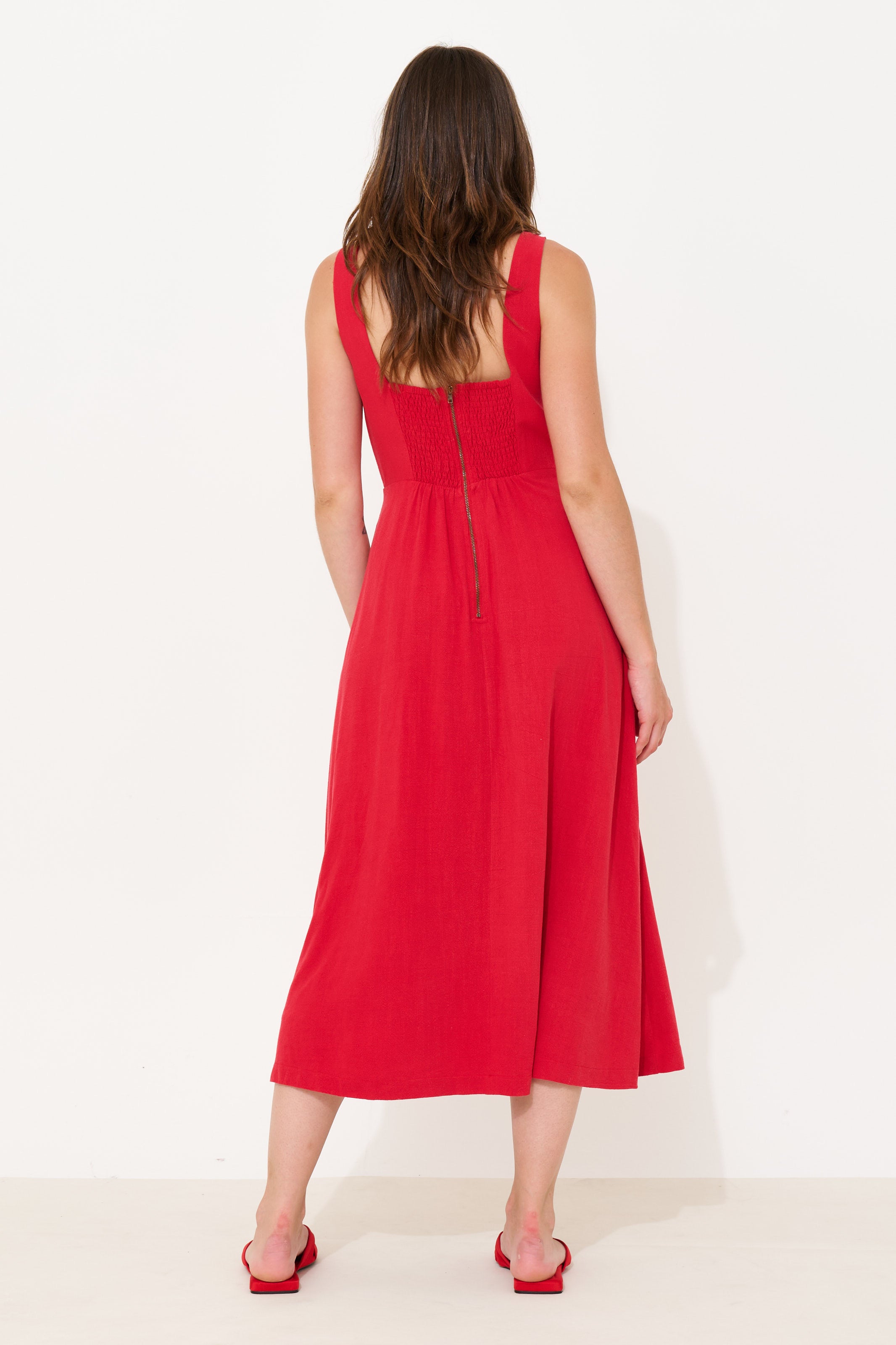 Baya Linen Mix Square Neck Midi Dress - Red - View 4