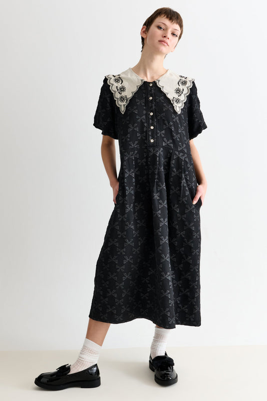 Iris Bow Black Jacquard White Embroidered Collar Midi Dress