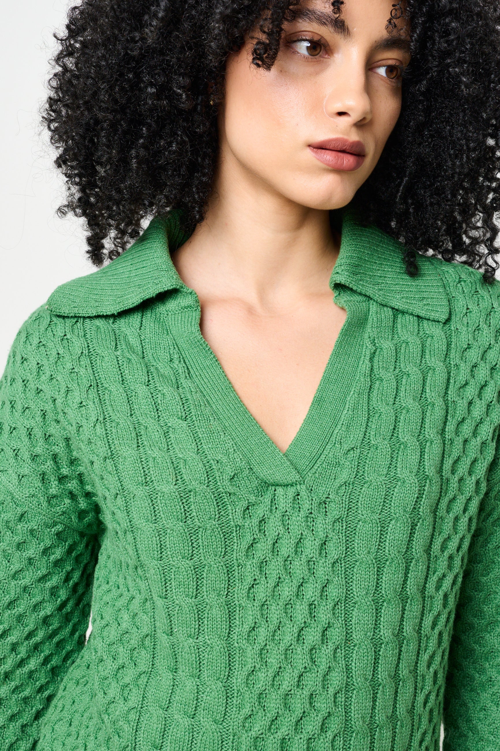 Jamie Cable Collar Jumper - Green - Detail 1