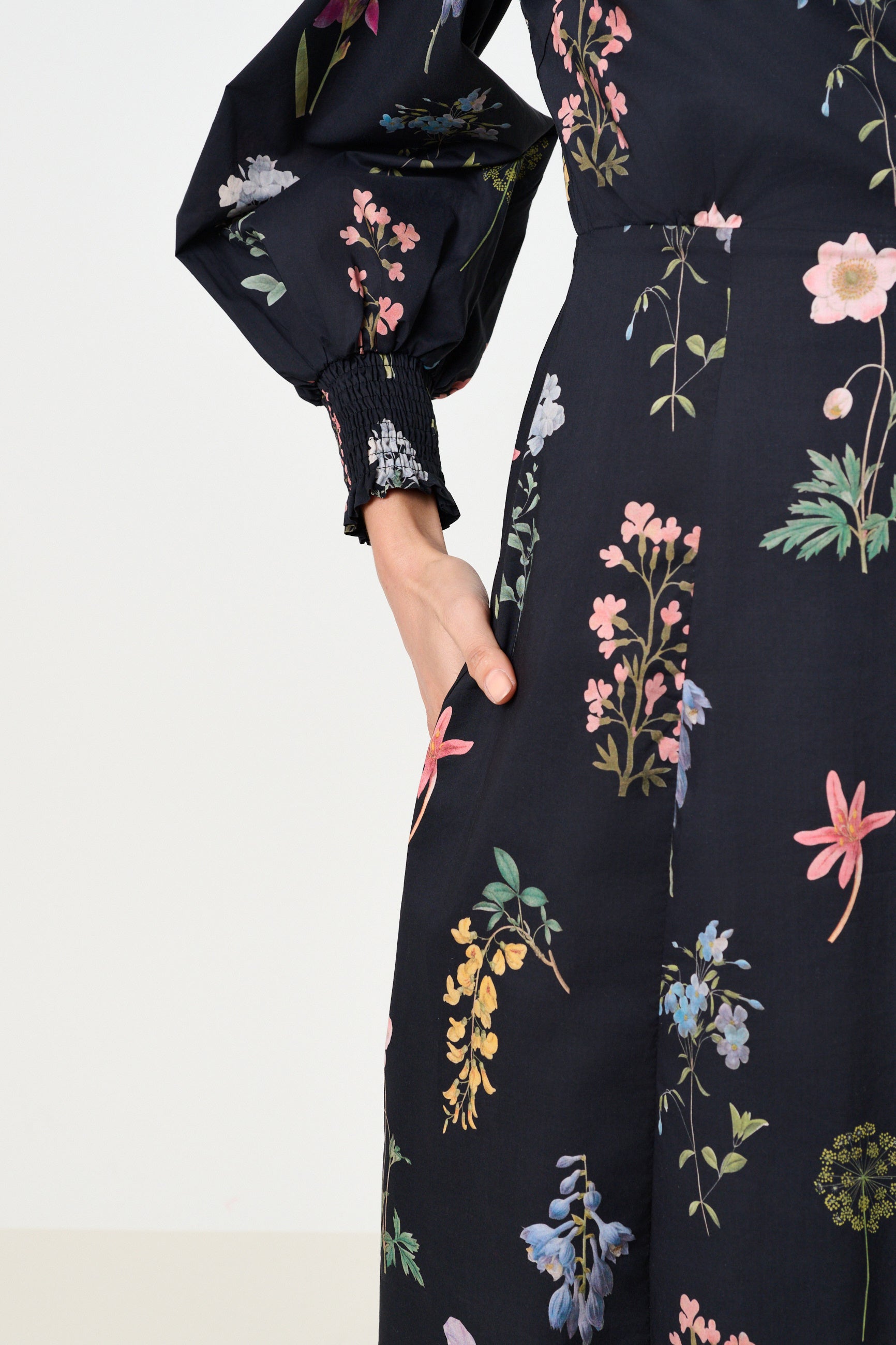 Jessie Flower Press Print Frill Neck Midi Dress - Detail 1