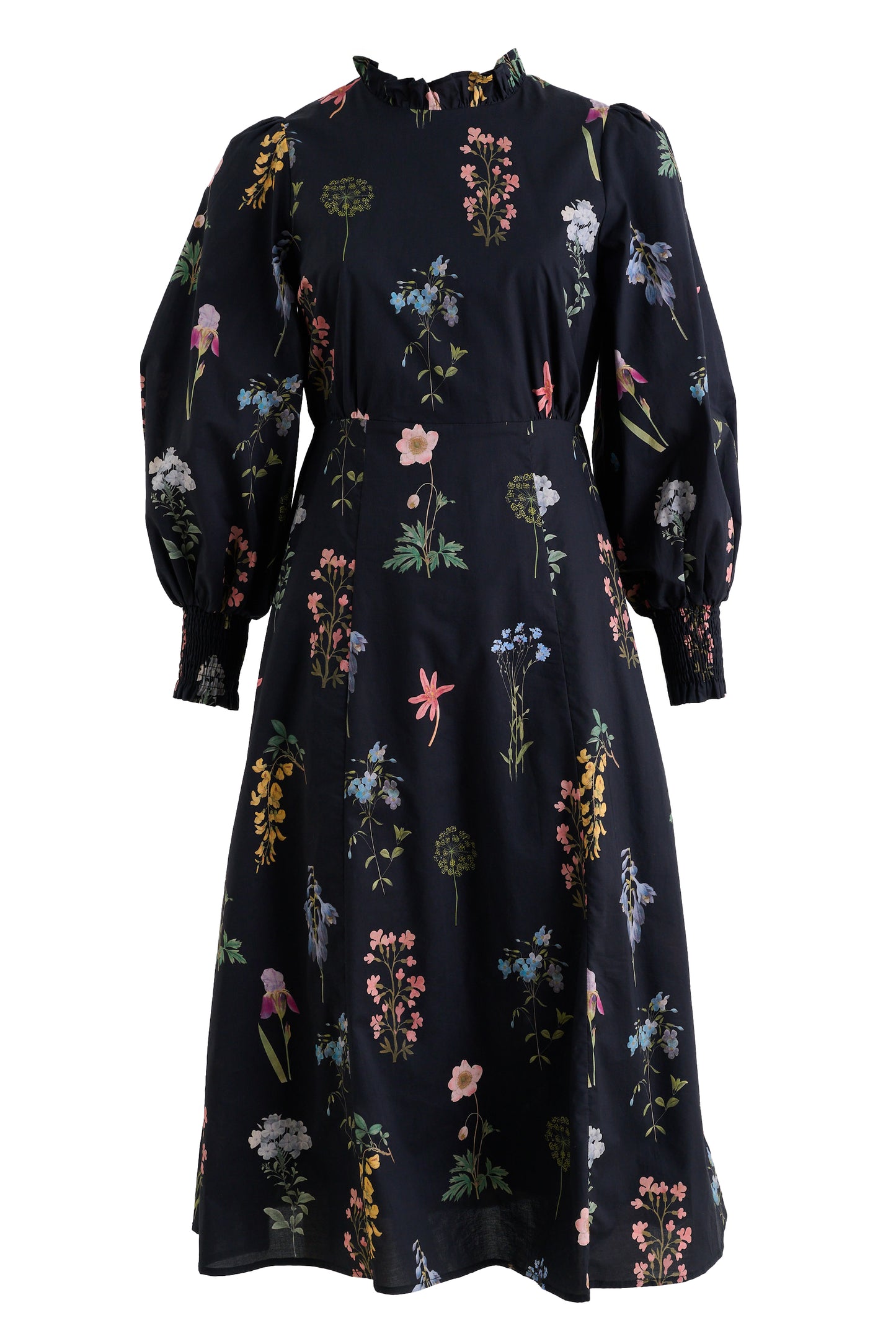 Jessie Flower Press Print Frill Neck Midi Dress