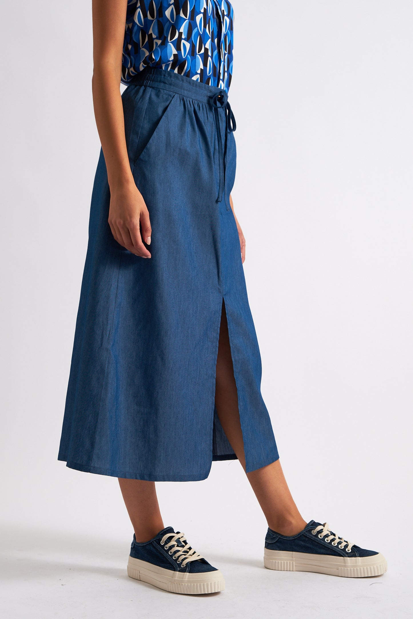 Jessy Chambray Straight Midi Skirt