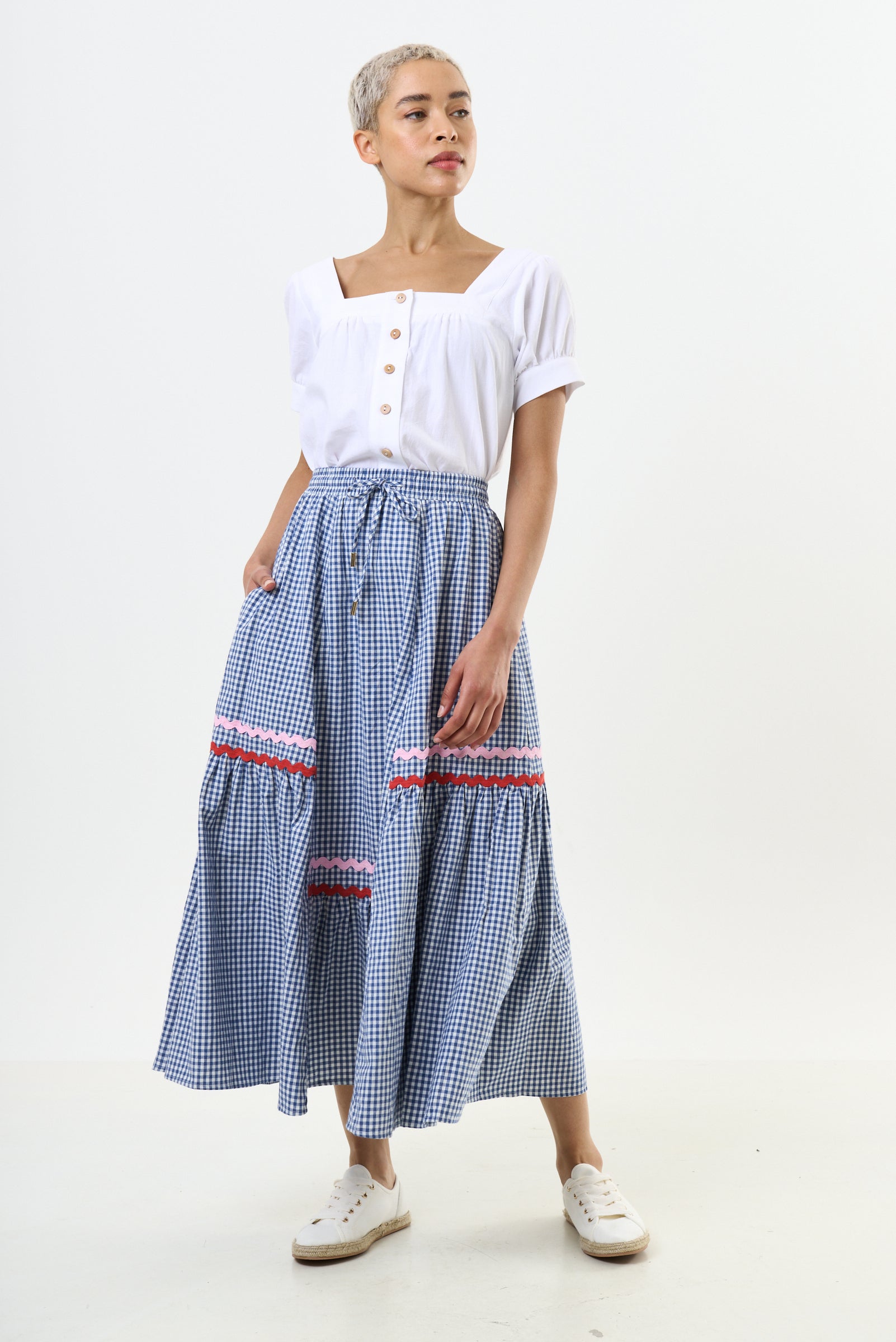 Jill Gingham Ric Rac Trim Tiered Midi Skirt - Blue