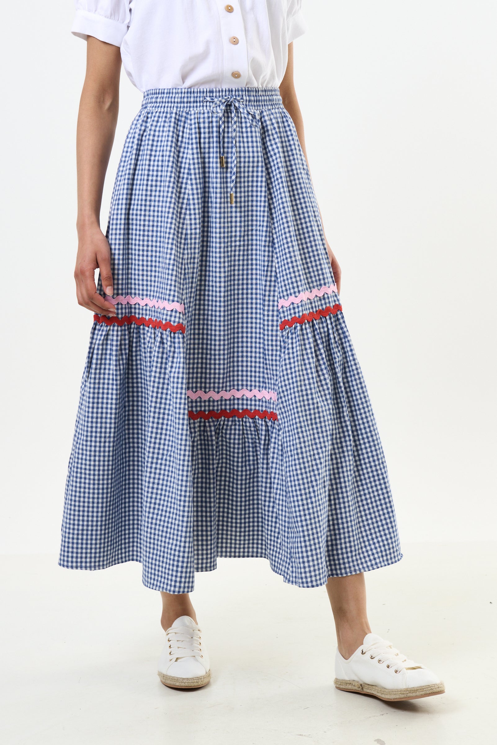 Jill Gingham Ric Rac Trim Tiered Midi Skirt - Blue