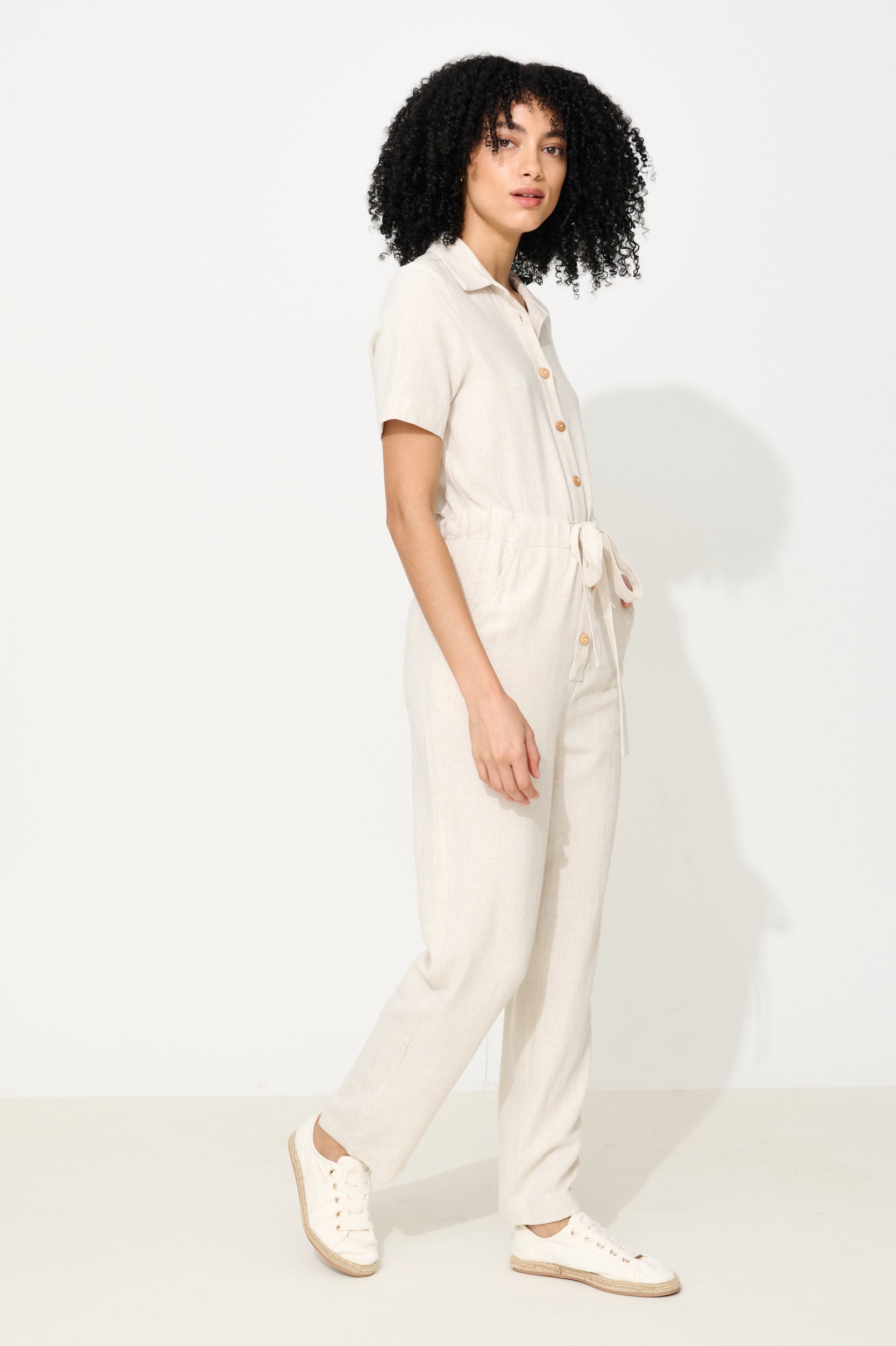 Justin Linen Mix Short Sleeve Jumpsuit - Natural - Detail 3