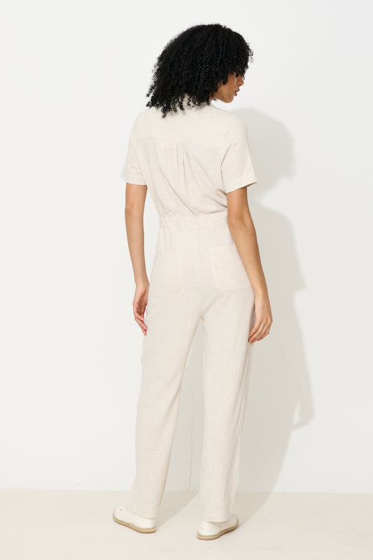Justin Linen Mix Short Sleeve Jumpsuit - Natural