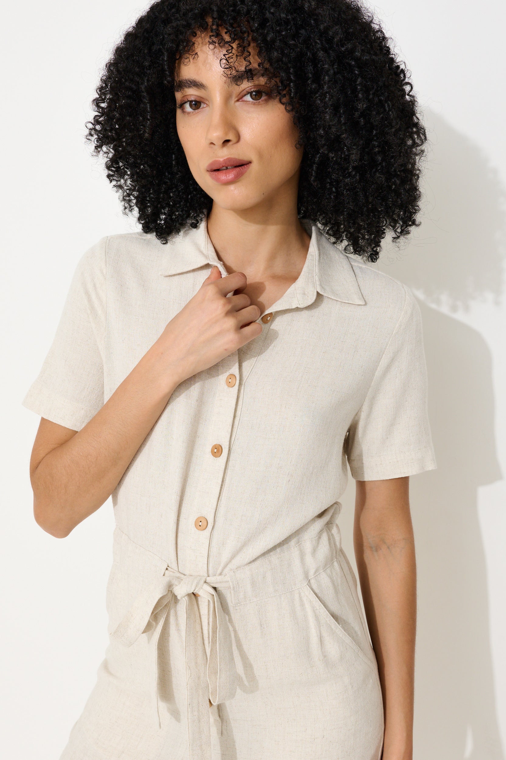 Justin Linen Mix Short Sleeve Jumpsuit - Natural - Detail 1