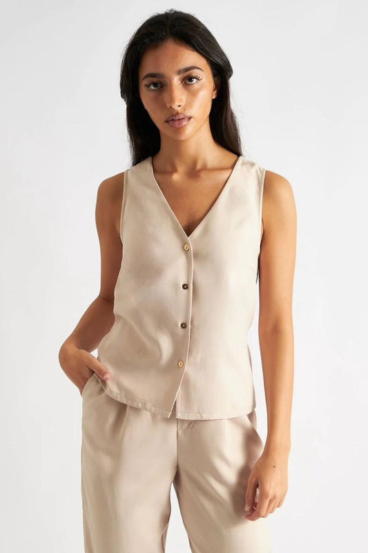 Sustainable Fabric Sleeveless Button Waistcoat in Camel
