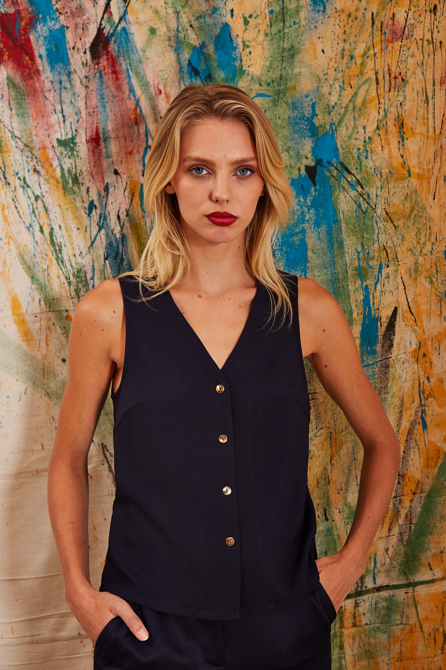 Sustainable Fabric Button Up Sleeveless Waistcoat in Navy