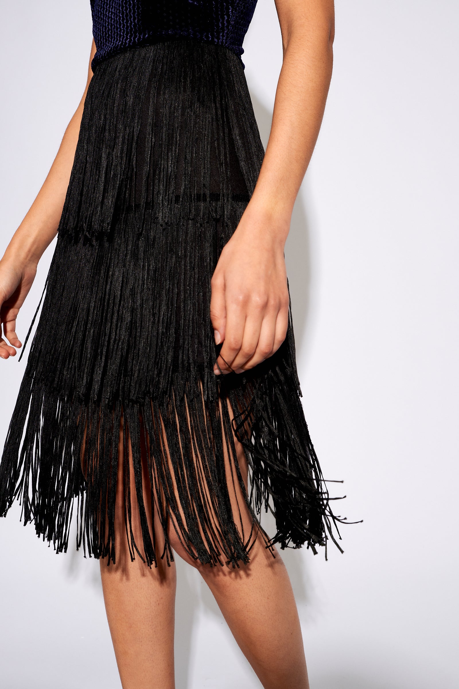 Karene Fringe Skirt Velvet Mini Dress in Navy - Detail 2