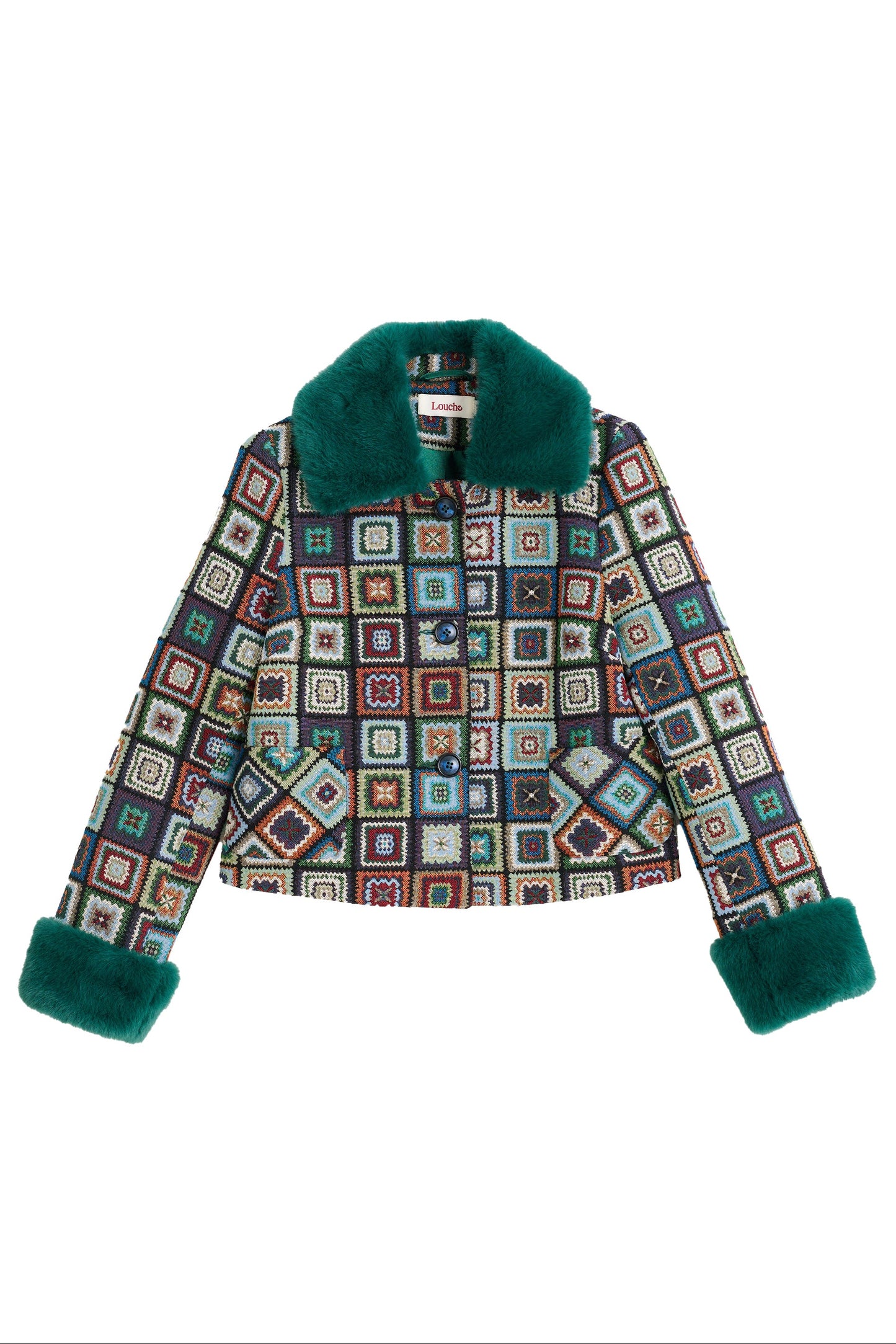 Kent 70'S Patch Jacquard Fur Trim Cropped Jacket