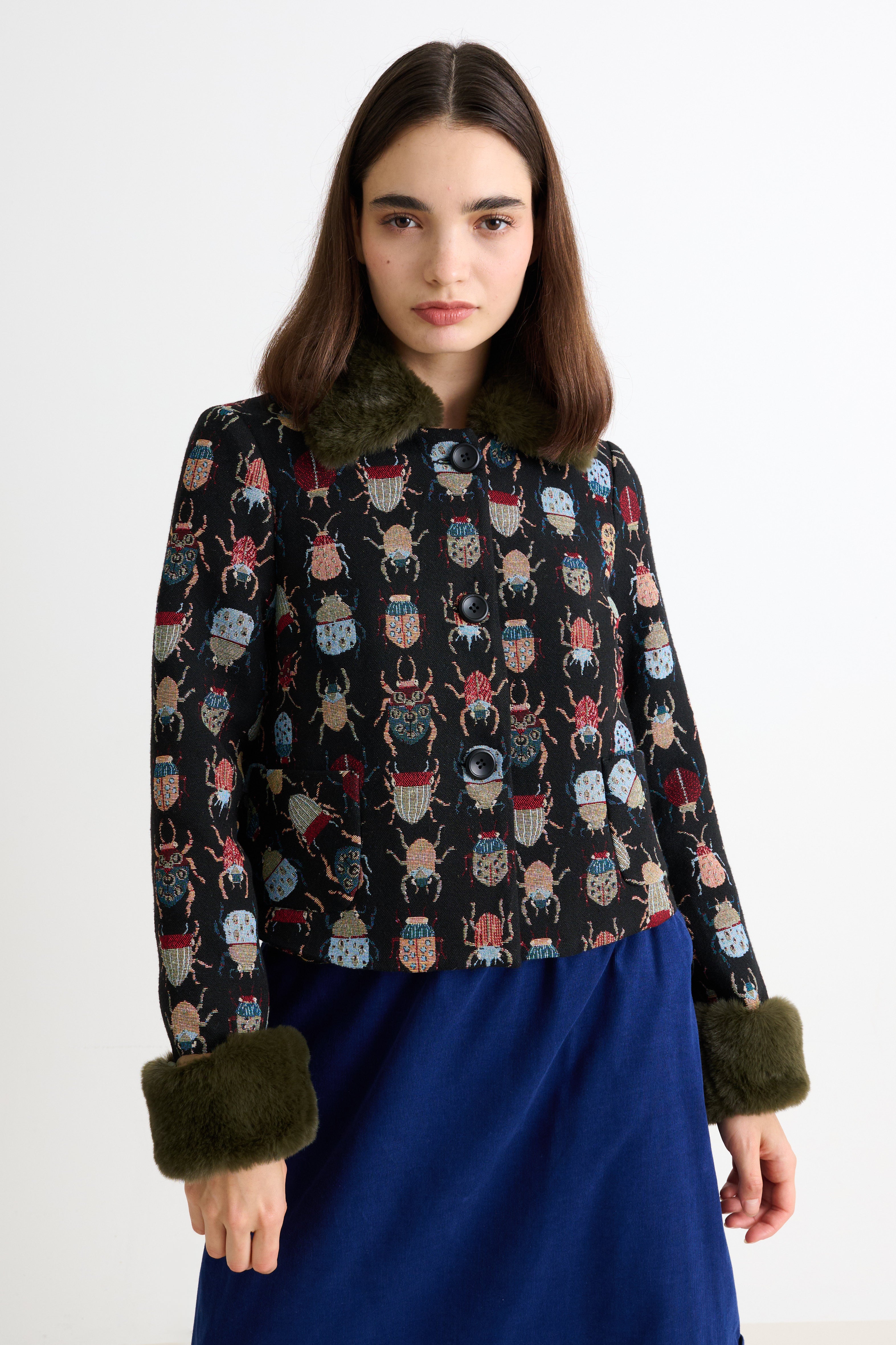 Kent Beetlejuice Jacquard Fur Trim Cropped Jacket