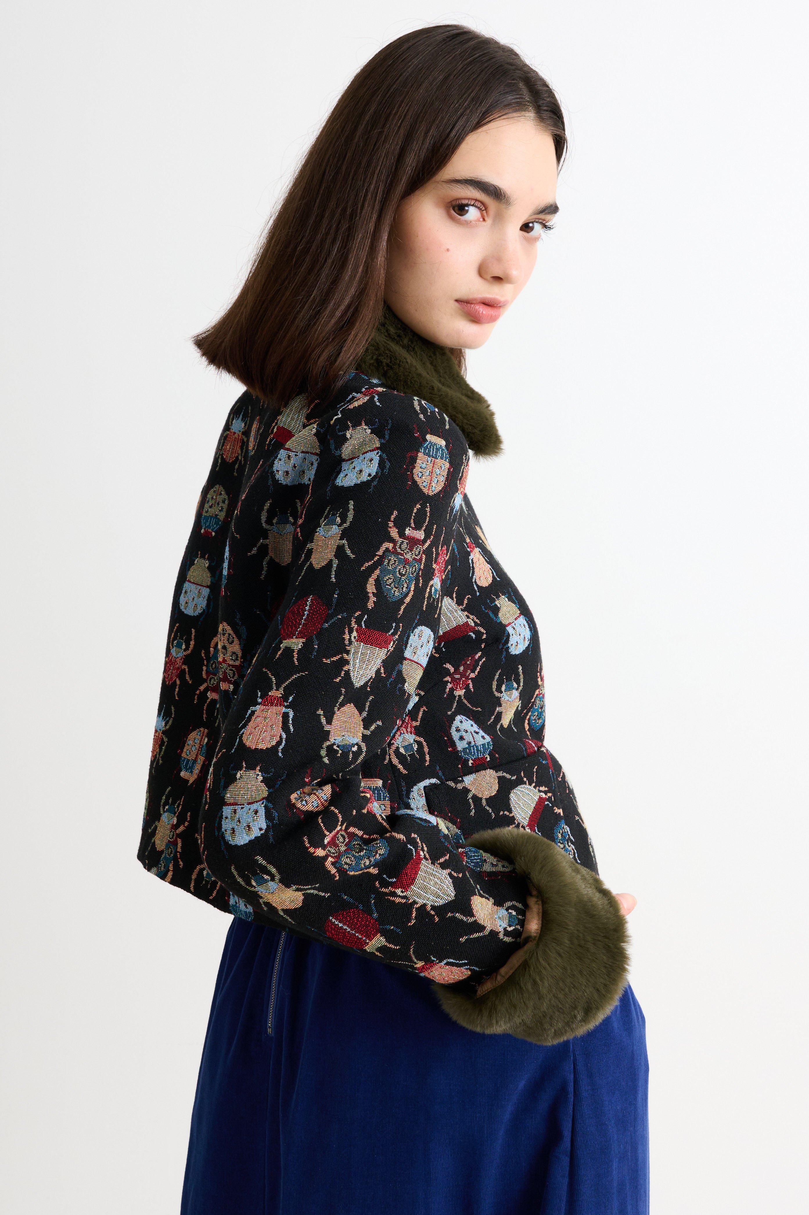 Kent Beetlejuice Jacquard Fur Trim Cropped Jacket