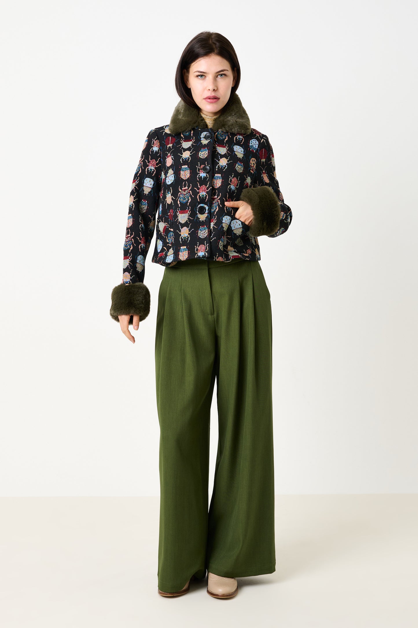 Kent Beetlejuice Jacquard Fur Trim Cropped Jacket