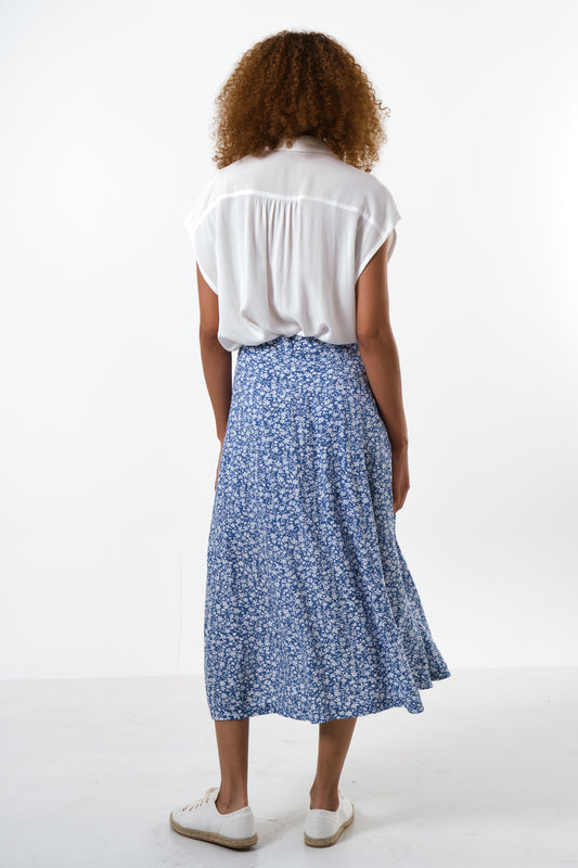 Kiyo Micro Blossom Print Midi Skirt In Blue