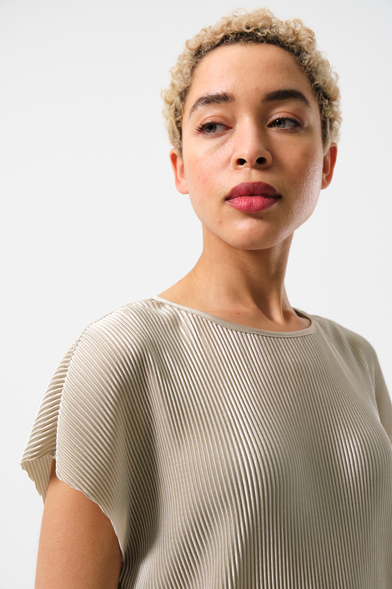 Korine Pleated Short Sleeve Top - Stone - Detail 2