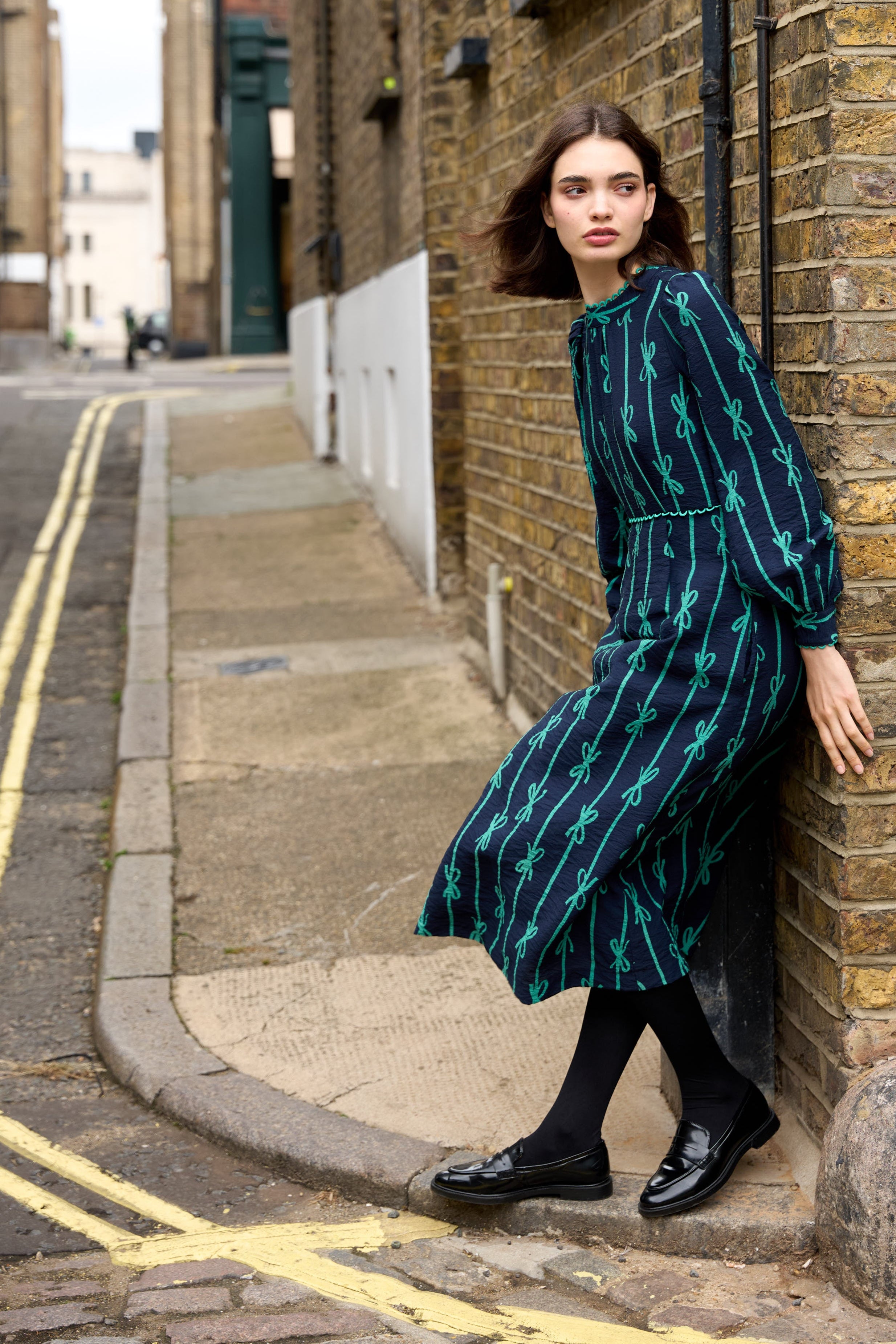 Avon Tie Up High Neck Long Sleeve Midi Dress – Navy