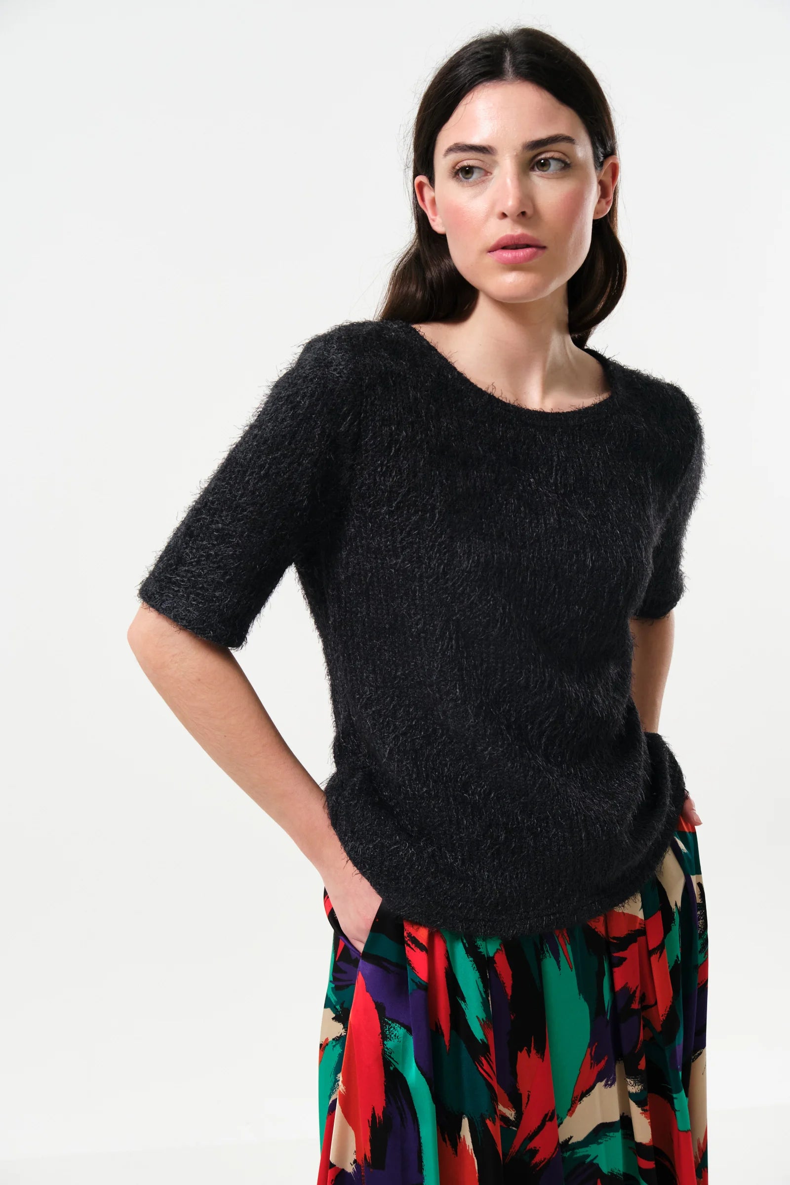 Laureen Eyelash Rib Short Sleeve Jumper - Black