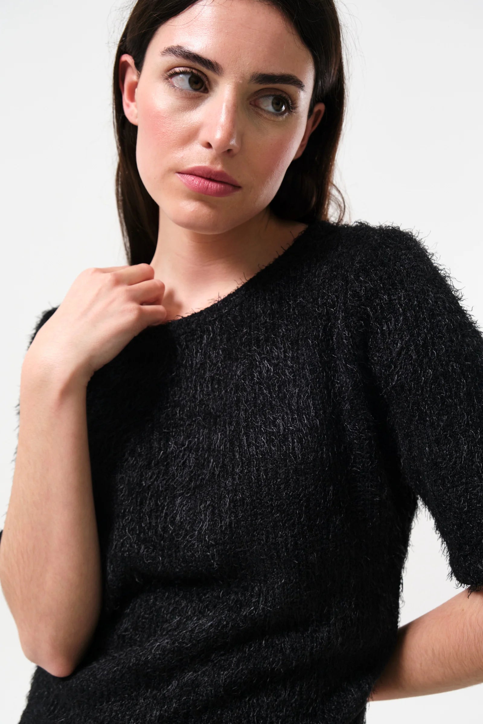 Laureen Eyelash Rib Short Sleeve Jumper - Black - Detail 1