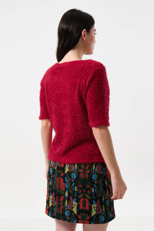 Laureen Eyelash Rib Short Sleeve Jumper - Red
