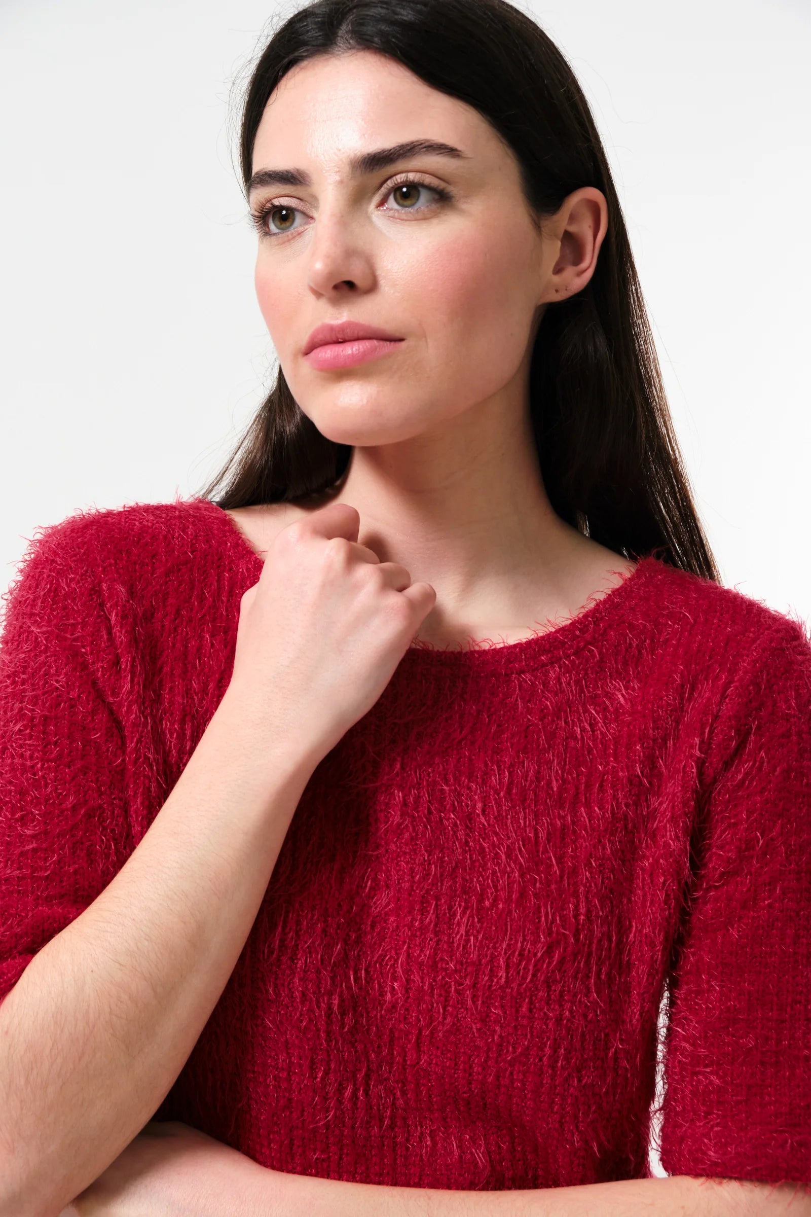 Laureen Eyelash Rib Short Sleeve Jumper - Red - Detail 1