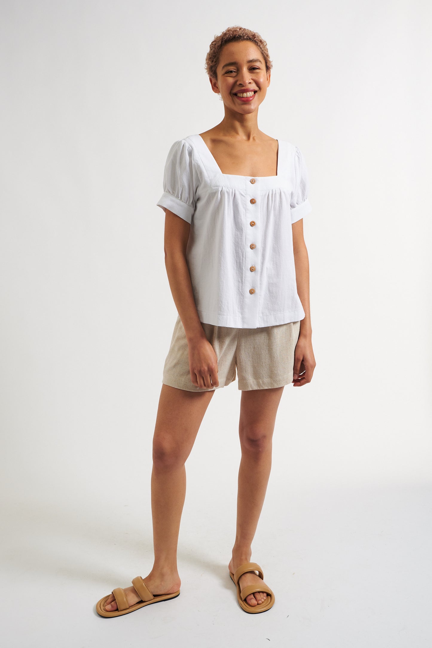 Lea Recycled Cotton Square Neck Short Sleeve White Blouse