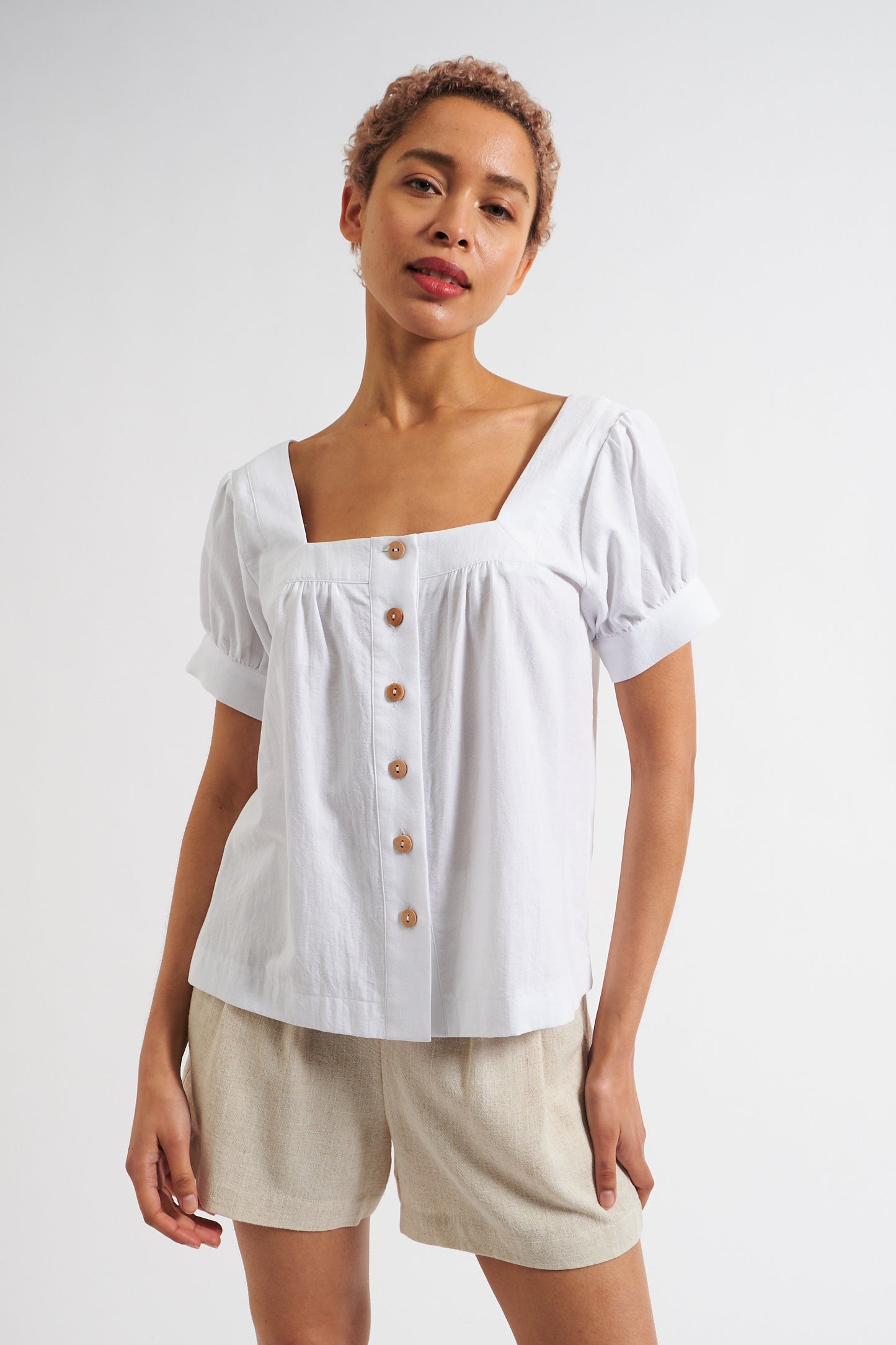 Lea Recycled Cotton Square Neck Short Sleeve White Blouse