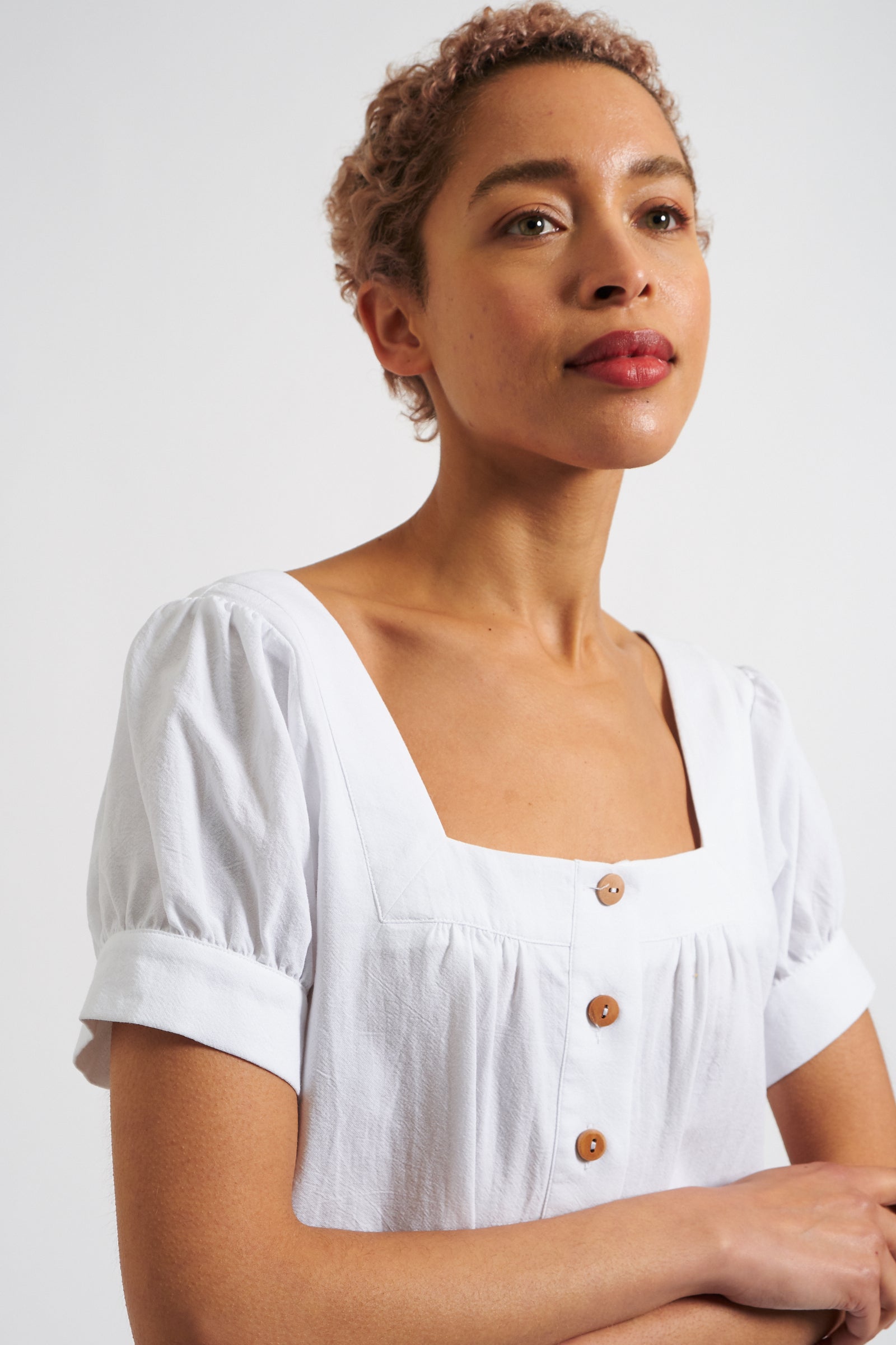 Lea Recycled Cotton Square Neck Short Sleeve White Blouse - Detail 1
