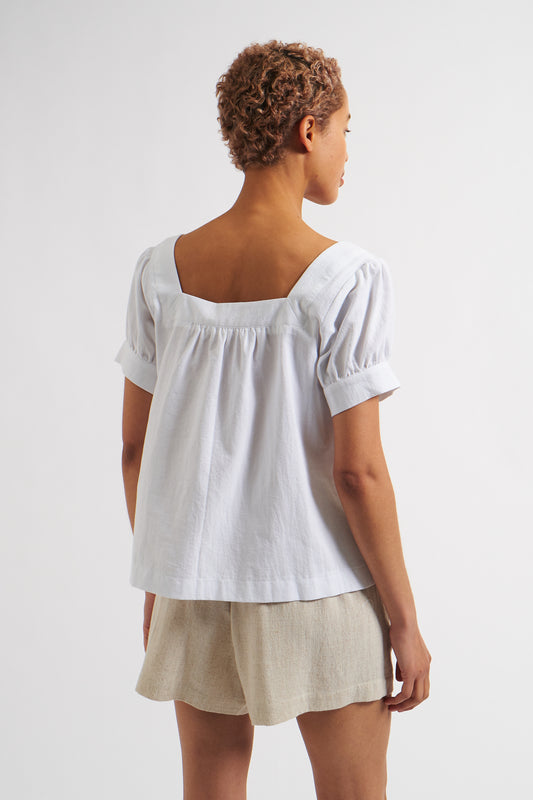Lea Recycled Cotton Square Neck Short Sleeve White Blouse