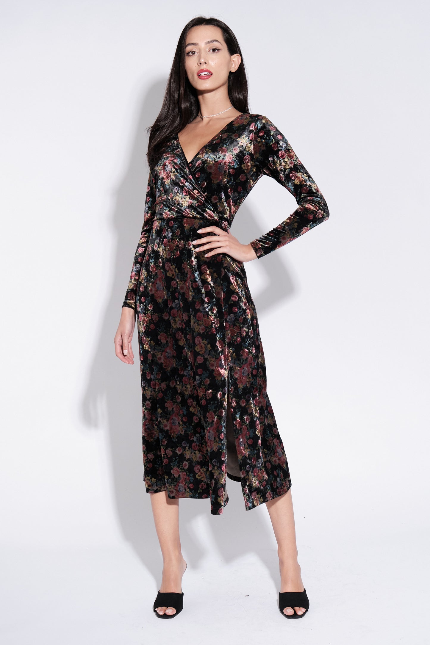 Lesley Rose Bowl Print Velvet Wrap Midi Dress