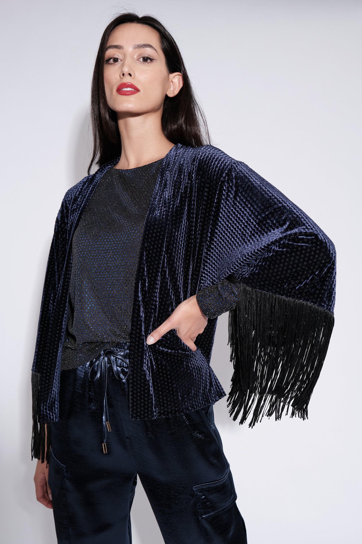 Lilo Fringe Trim Velvet Kimono