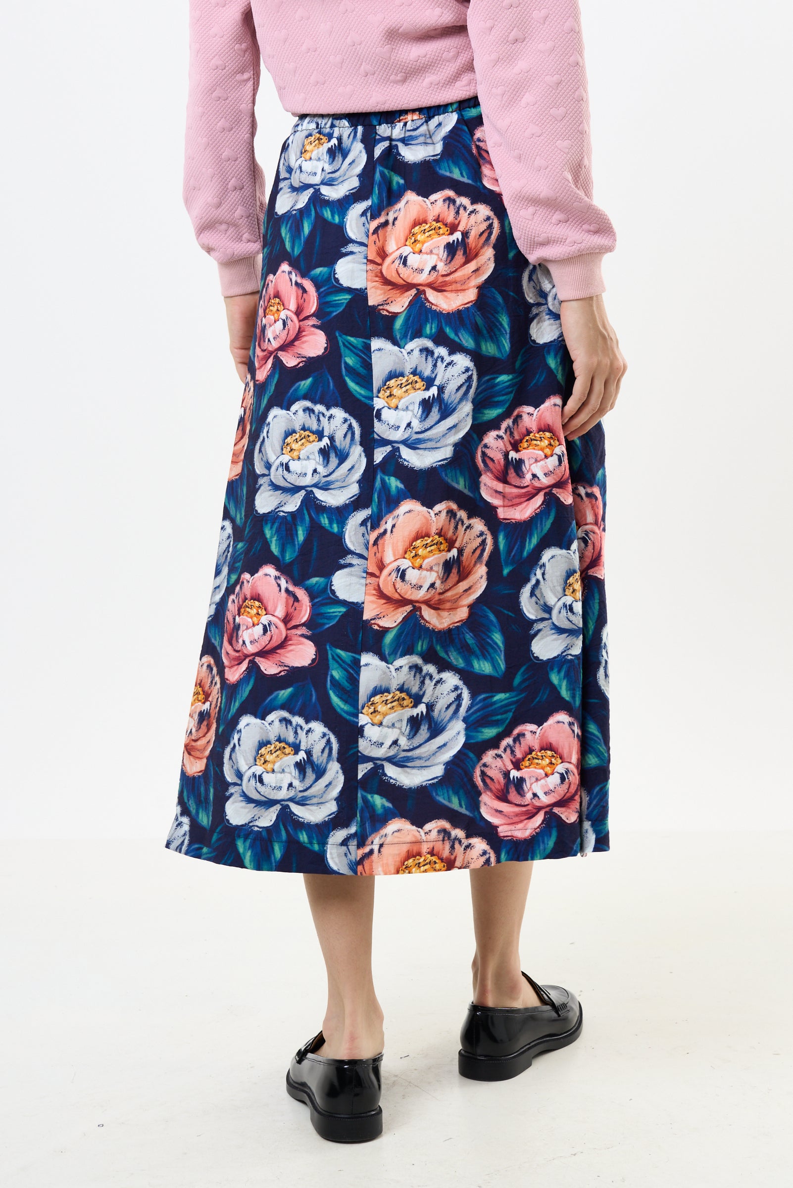 Lizea Peonies Print Pleated Midi Skirt - Navy - Detail 1