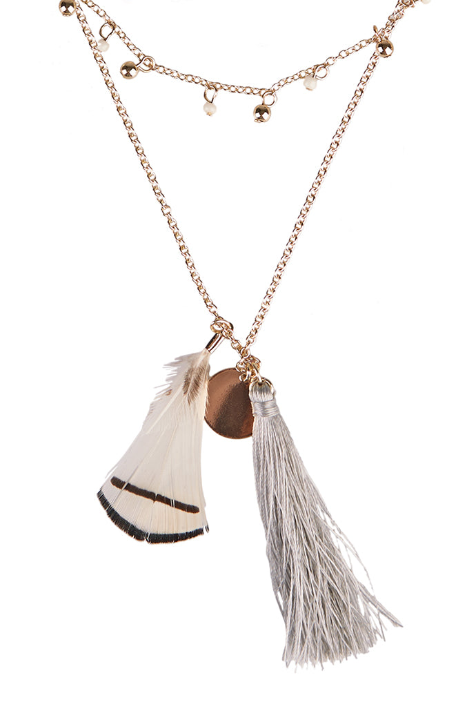 Louche Lalana Grey And White Feather Tassel Layer Necklace Gold