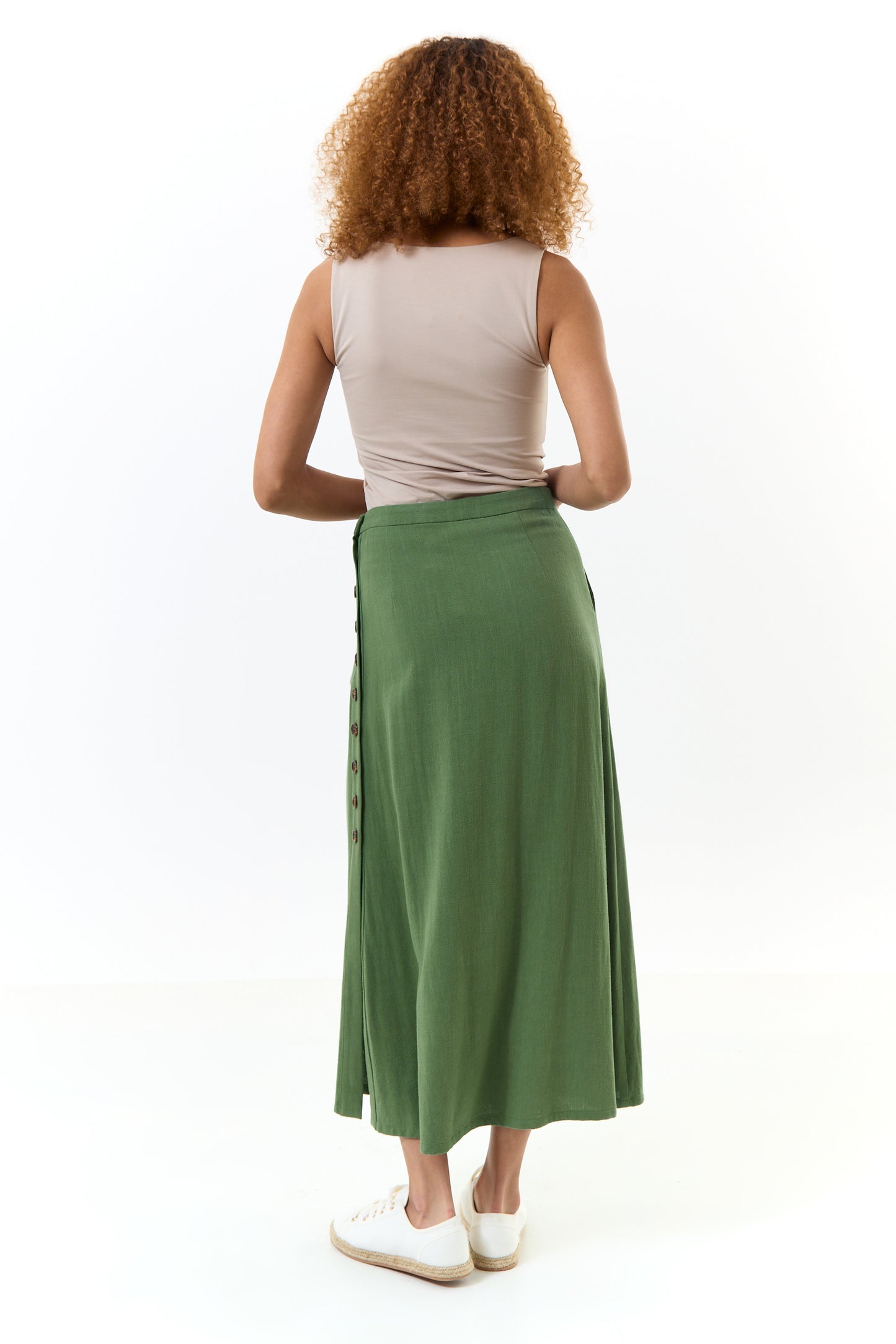 Lloyd Linen Mix Side Button Midi Skirt - Green