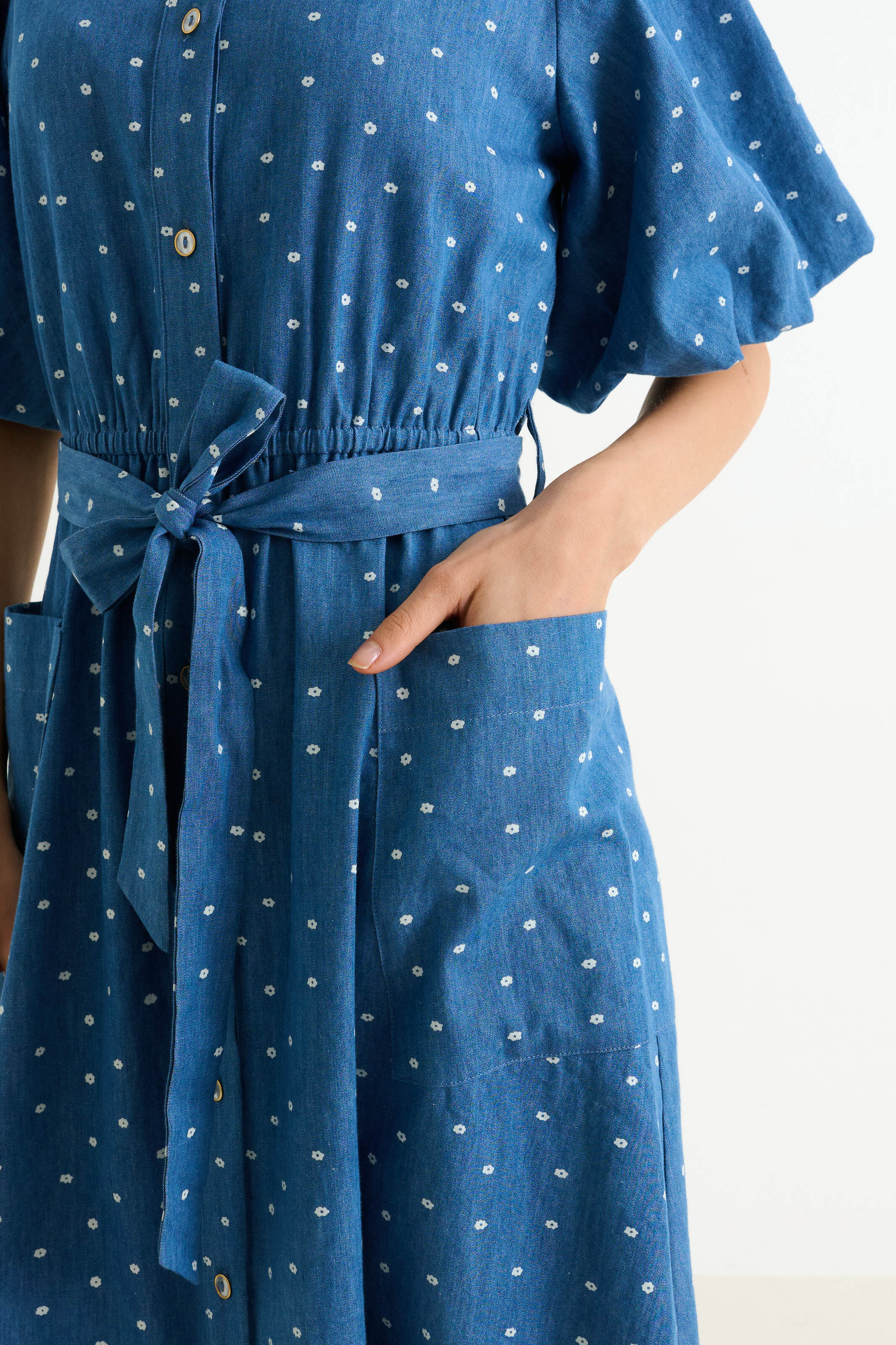 Lola Flower Dot Print Balloon Sleeve Shirtdress - Blue