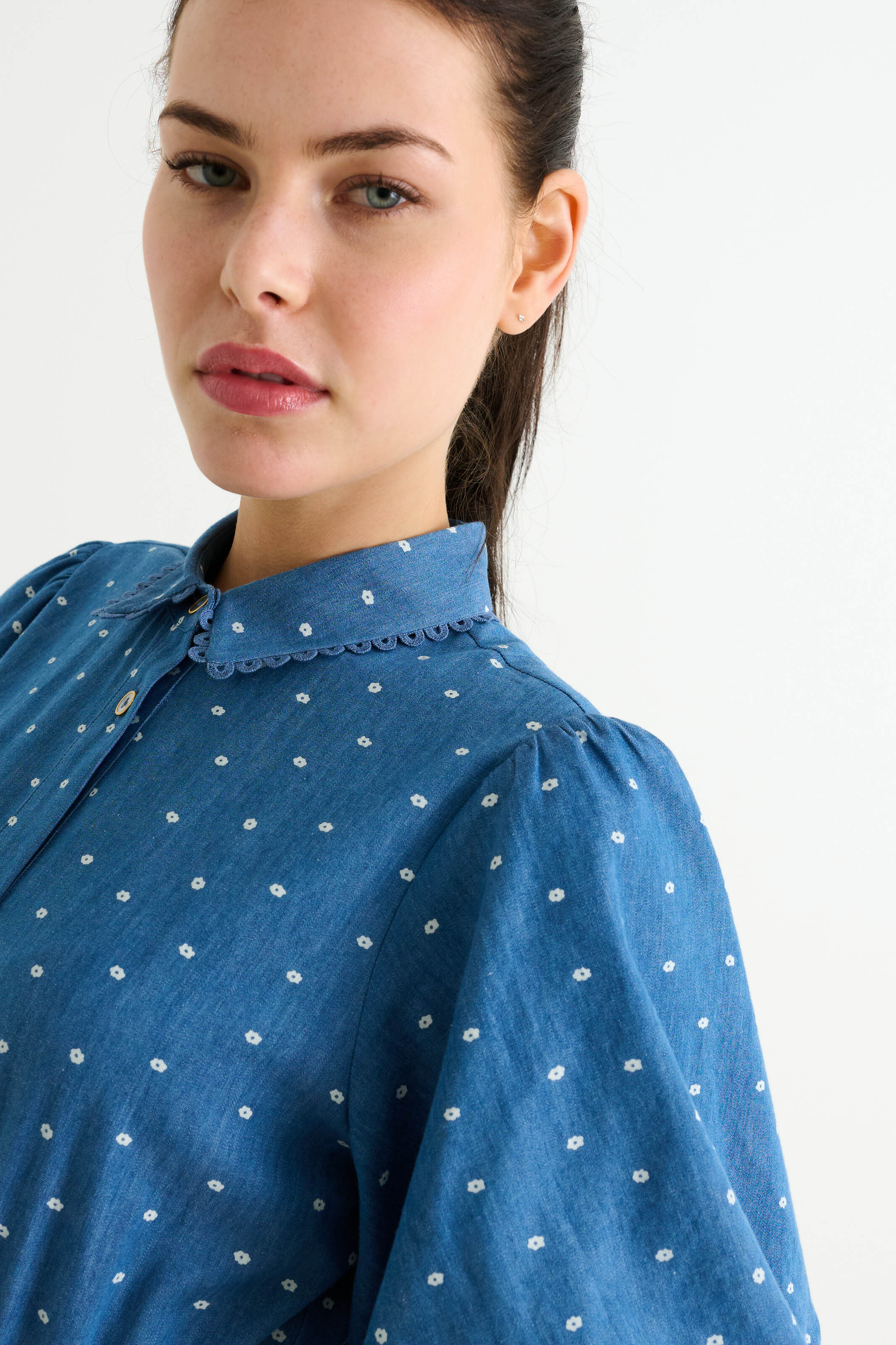 Lola Flower Dot Print Balloon Sleeve Shirtdress - Blue
