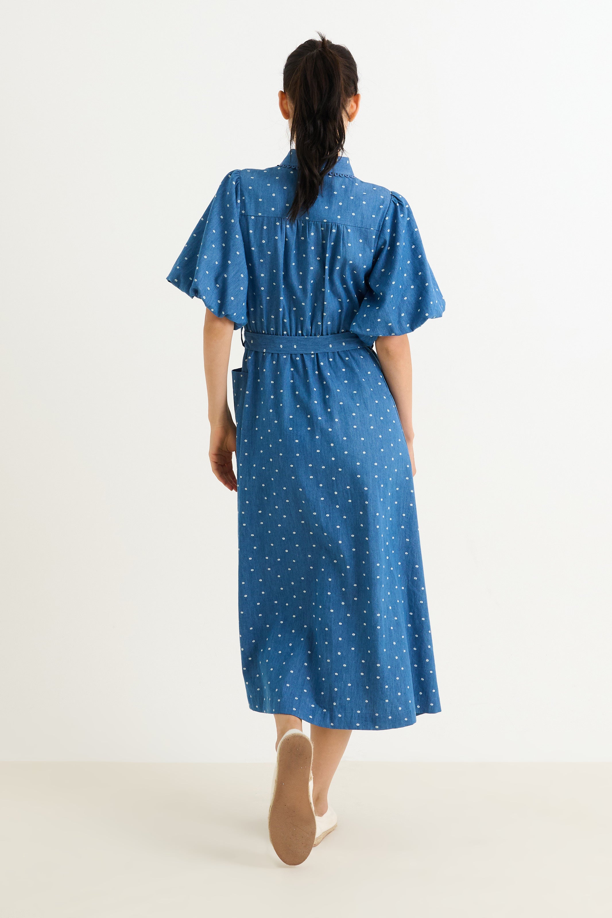 Lola Flower Dot Print Balloon Sleeve Shirtdress - Blue