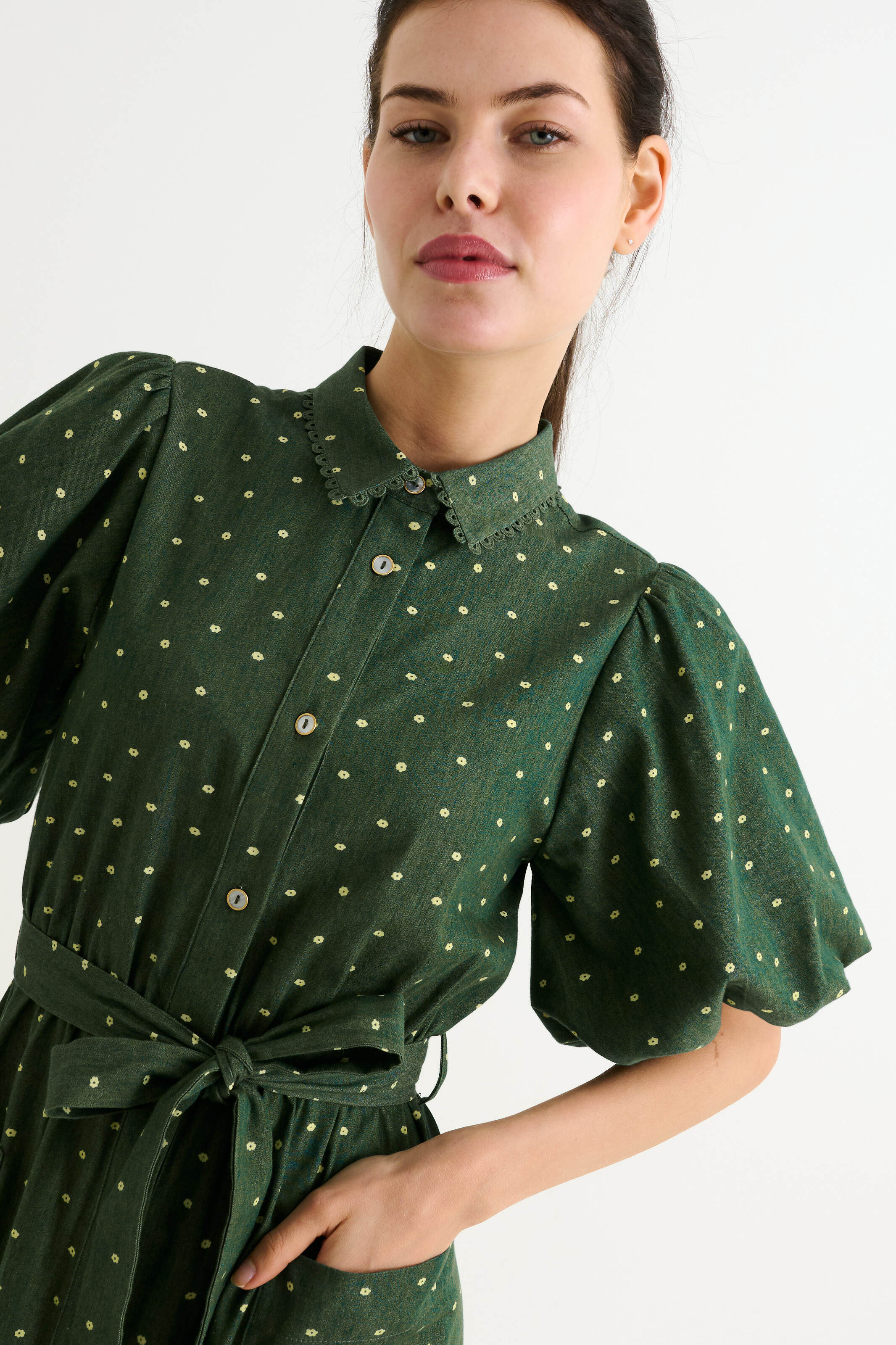 Lola Flower Dot Print Balloon Sleeve Shirtdress - Fern Green