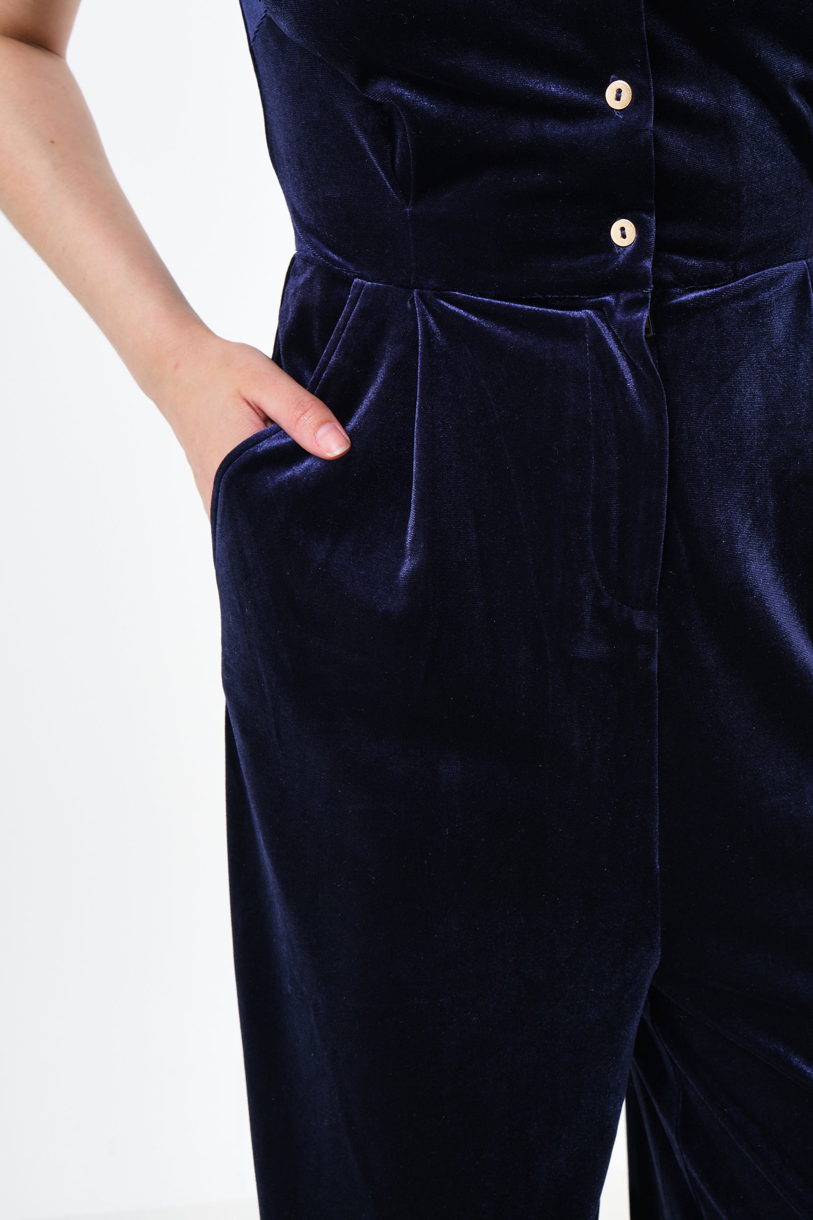 Lyes Velvet Short Sleeved Jumpsuit - Navy - Detail 1
