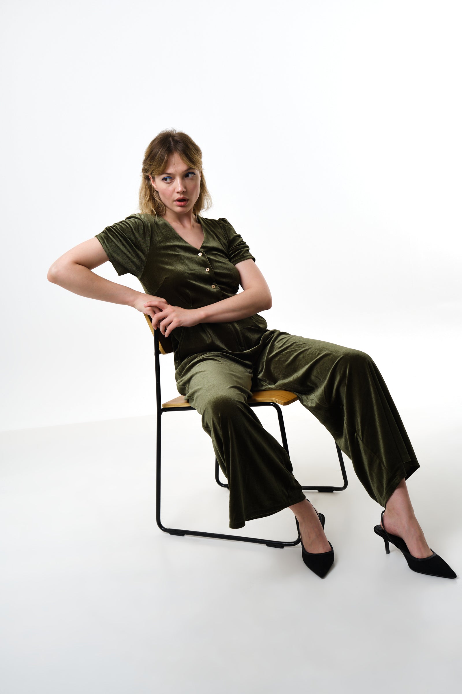 Lyes Velvet Short Sleeved Jumpsuit - Sage - Detail 3