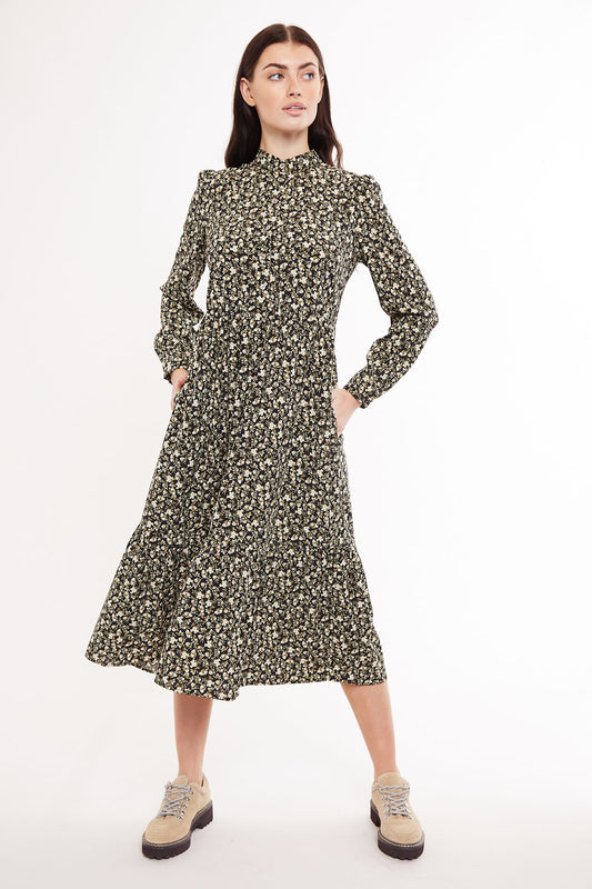 Macha Winter Garden Print Long Sleeved Tie Midi Dress