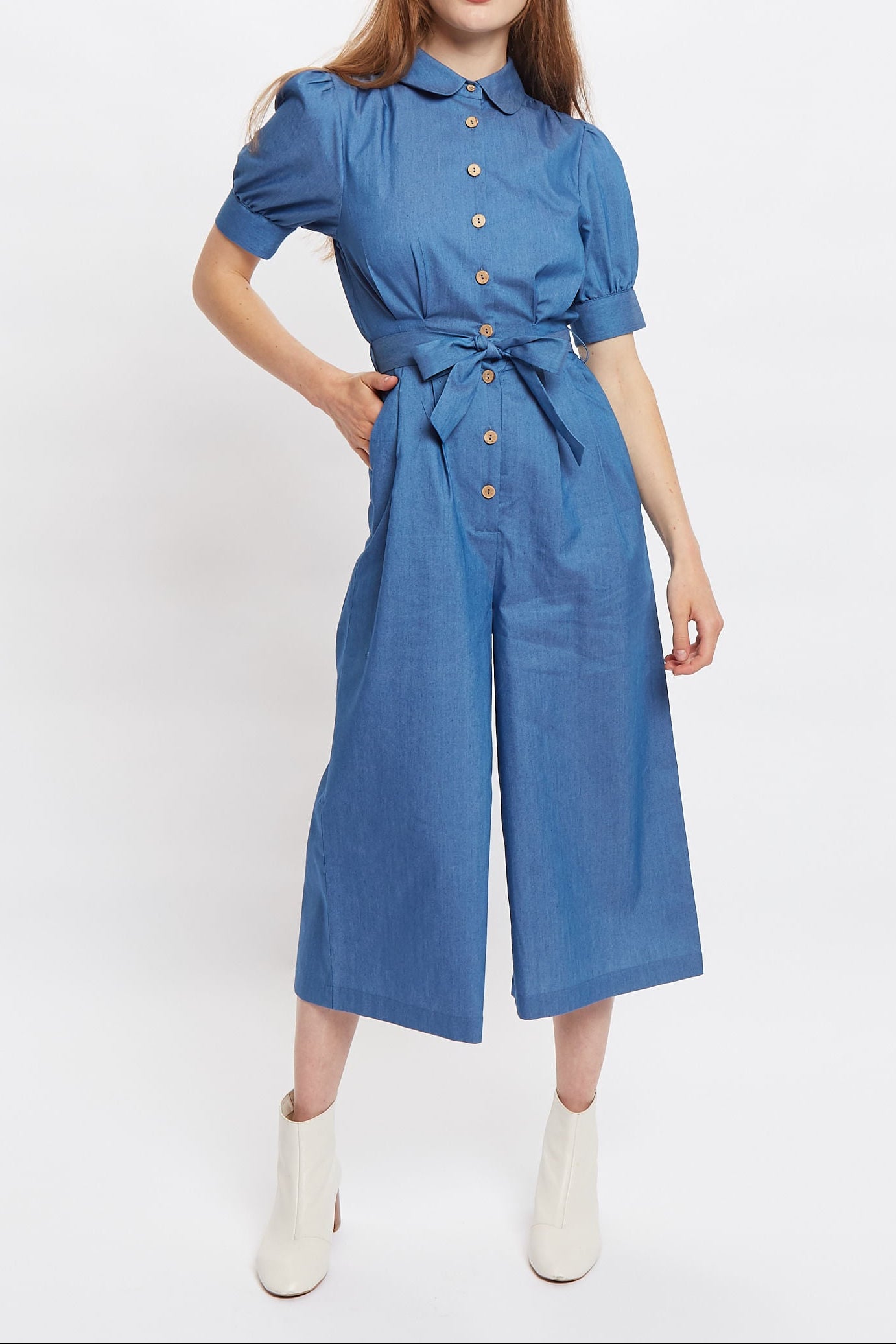 Louche Magda Chambray Short Sleeve Cropped Jumpsuit - Front