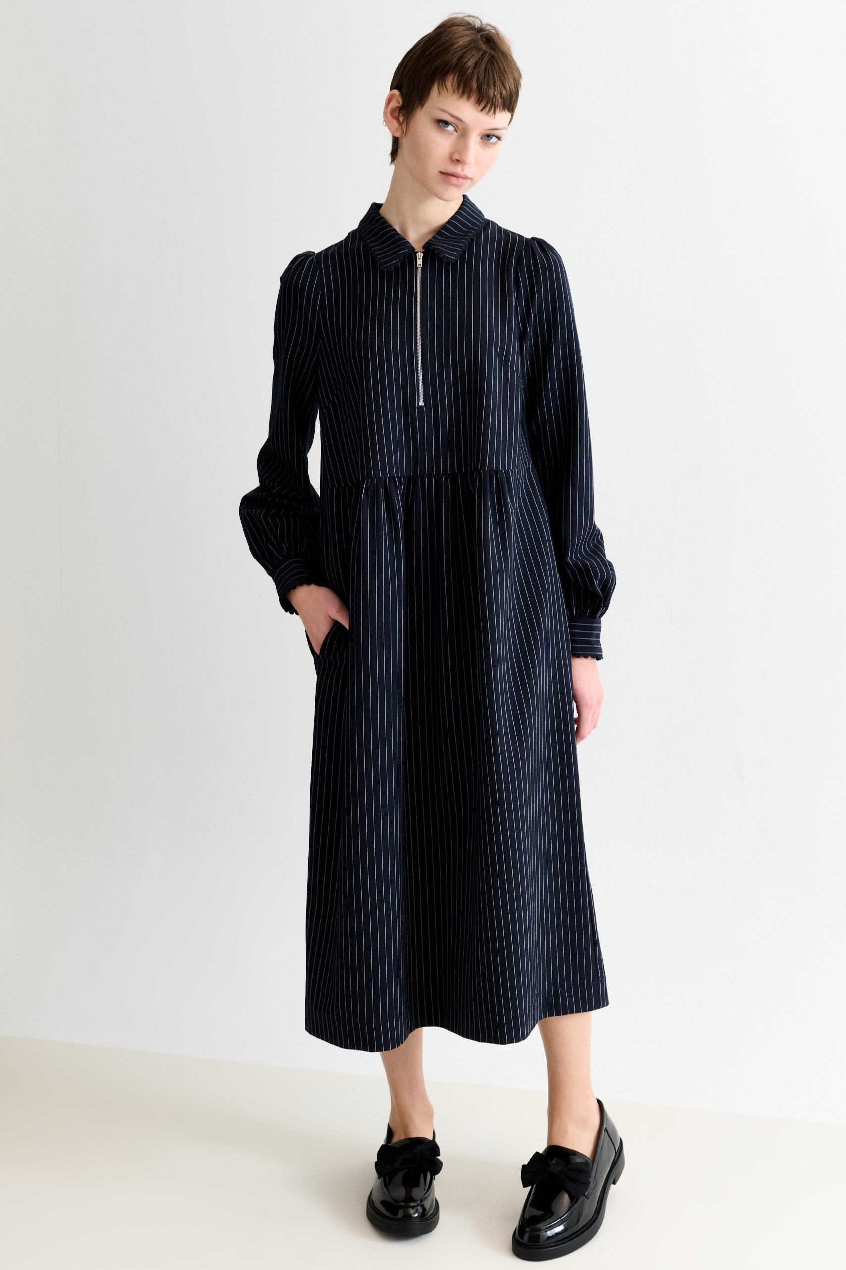 Manton Pinstripe Zip Front Lace Trim Midi Dress - Navy