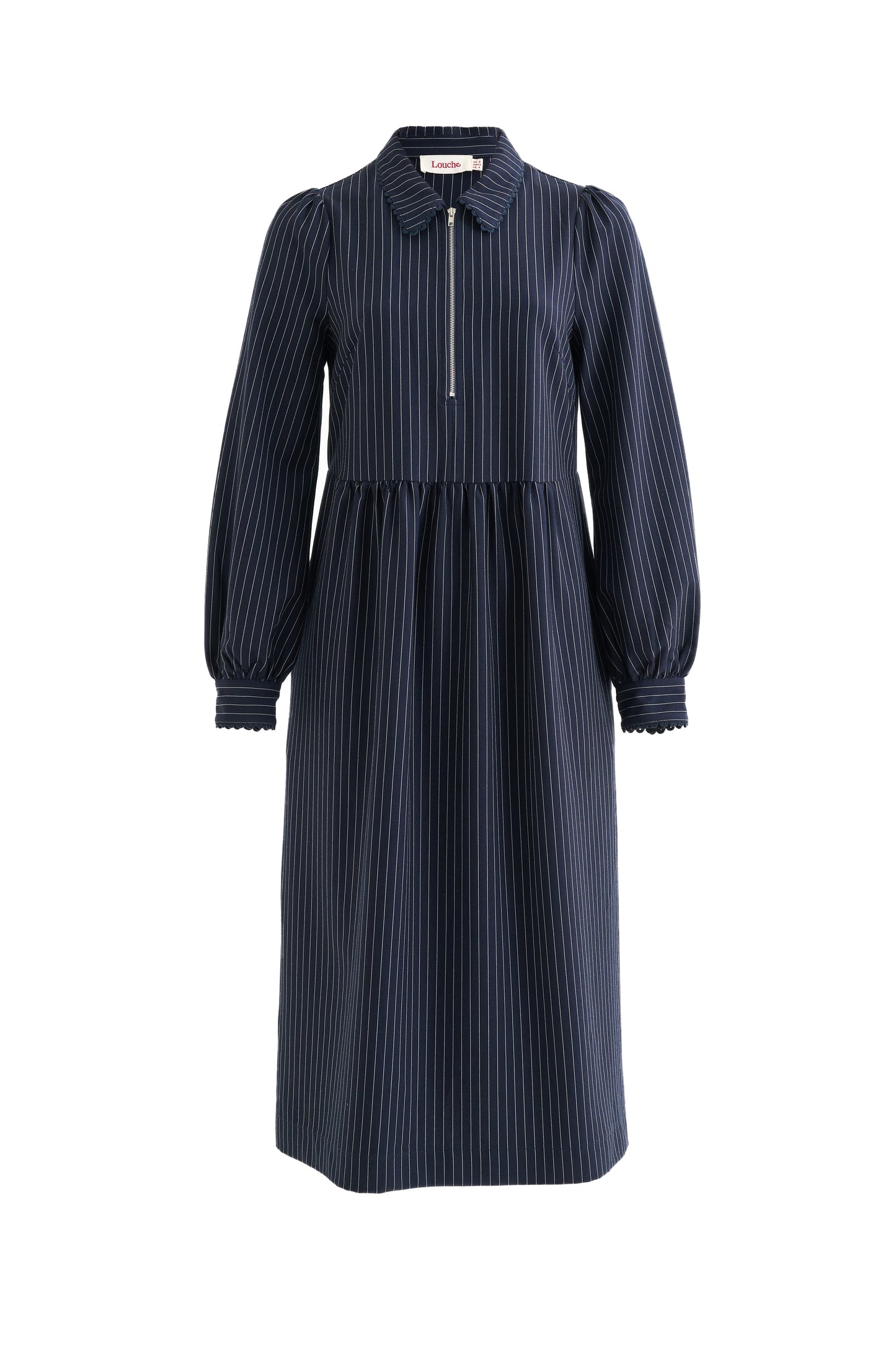Manton Pinstripe Zip Front Lace Trim Midi Dress - Navy