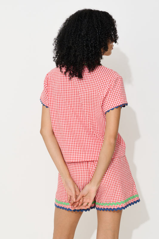 Marika Gingham Ric Rac Trim Resort Shirt - Red