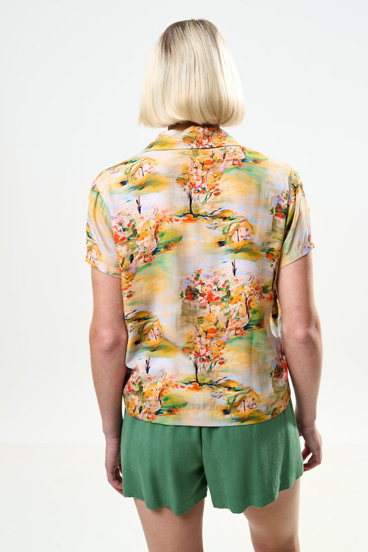 Marika Oriental Landscape Print Resort Shirt - Yellow