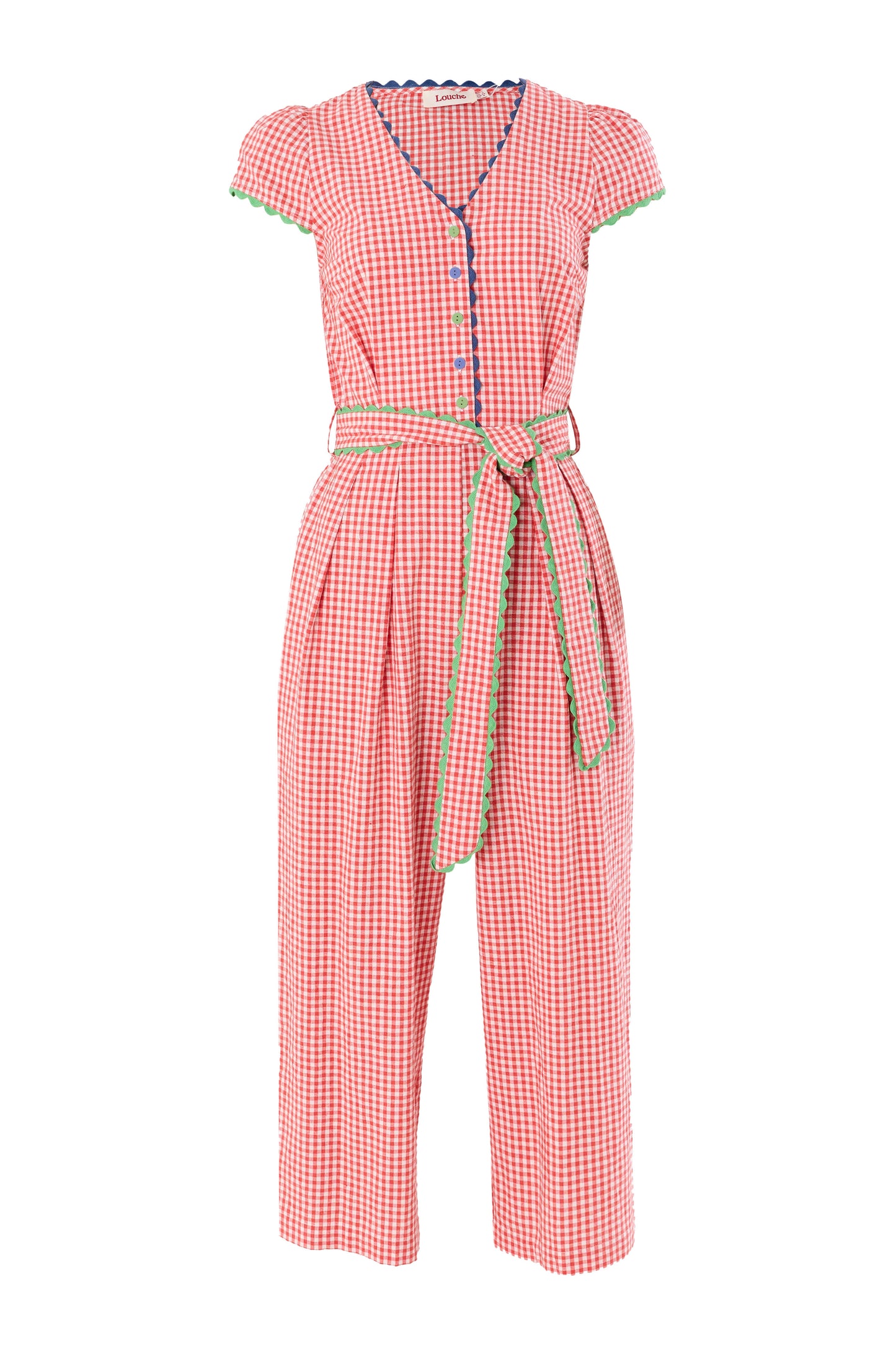 Marleen Gingham Ric Rac Trim Cropped Jumpsuit - Red